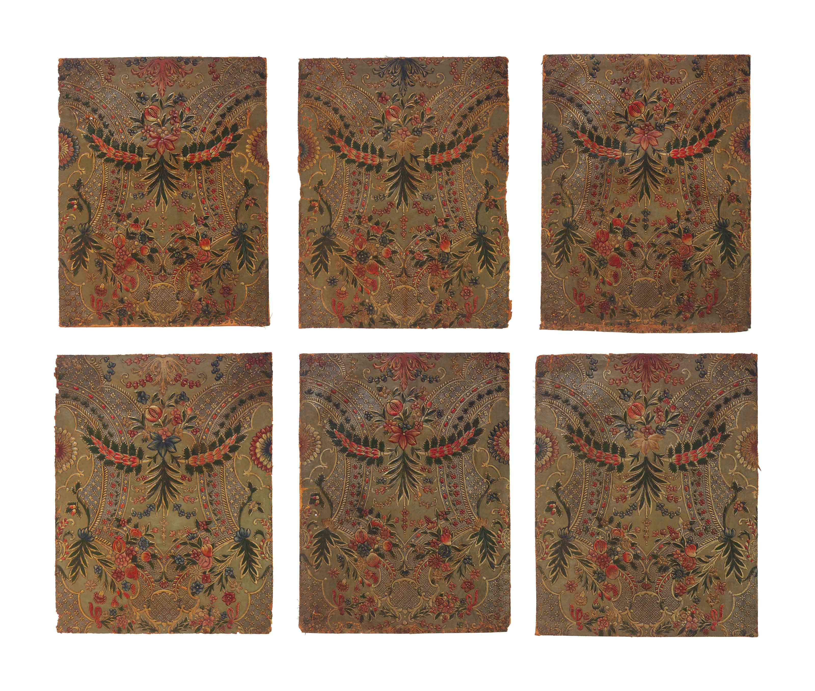 A QUANTITY OF FLEMISH PARCEL- GILT POLYCHROME DECORATED EMBOSSED 'CORDOBA' LEATHER PANELS