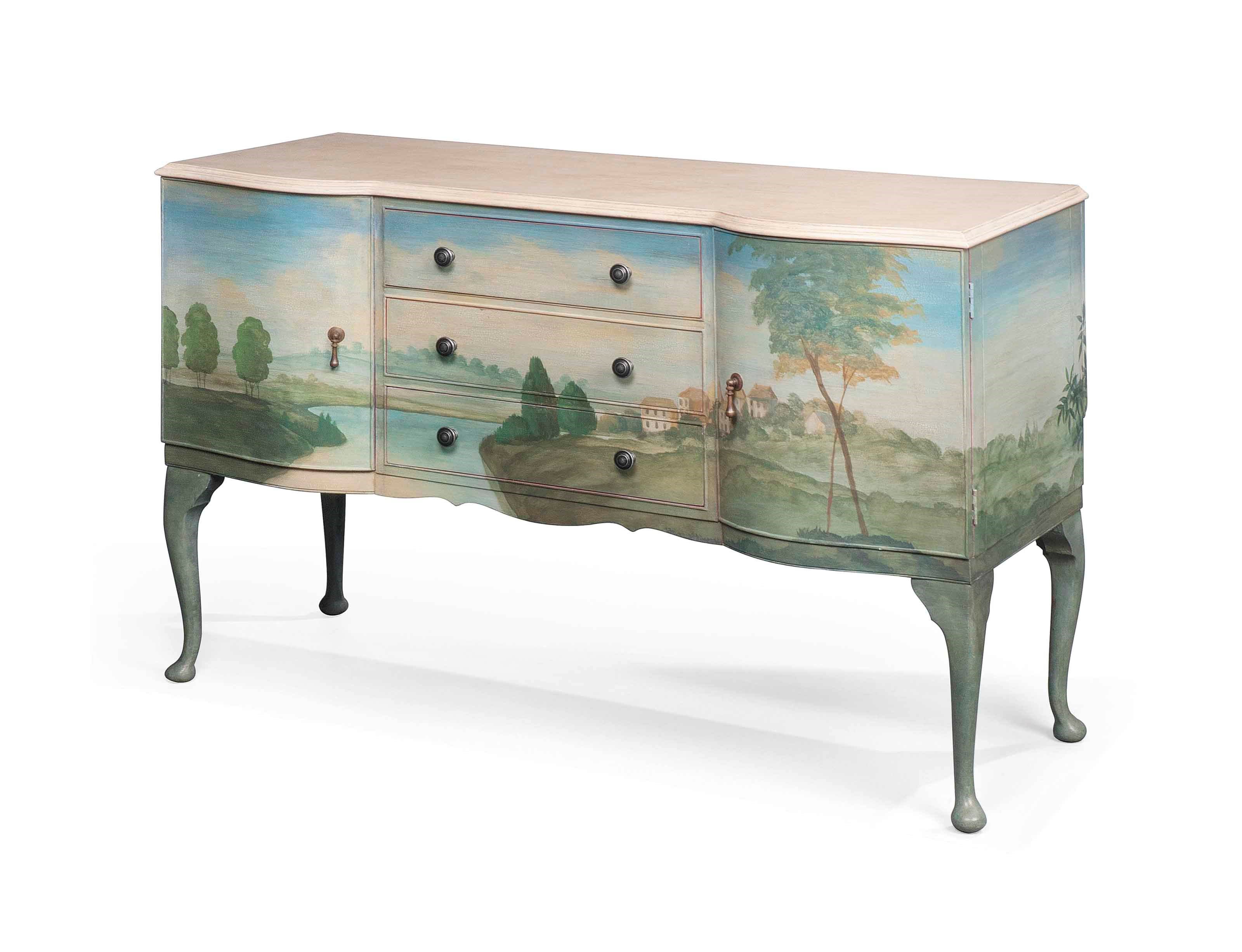 A POLYCHROME PAINTED SERPENTINE SIDEBOARD