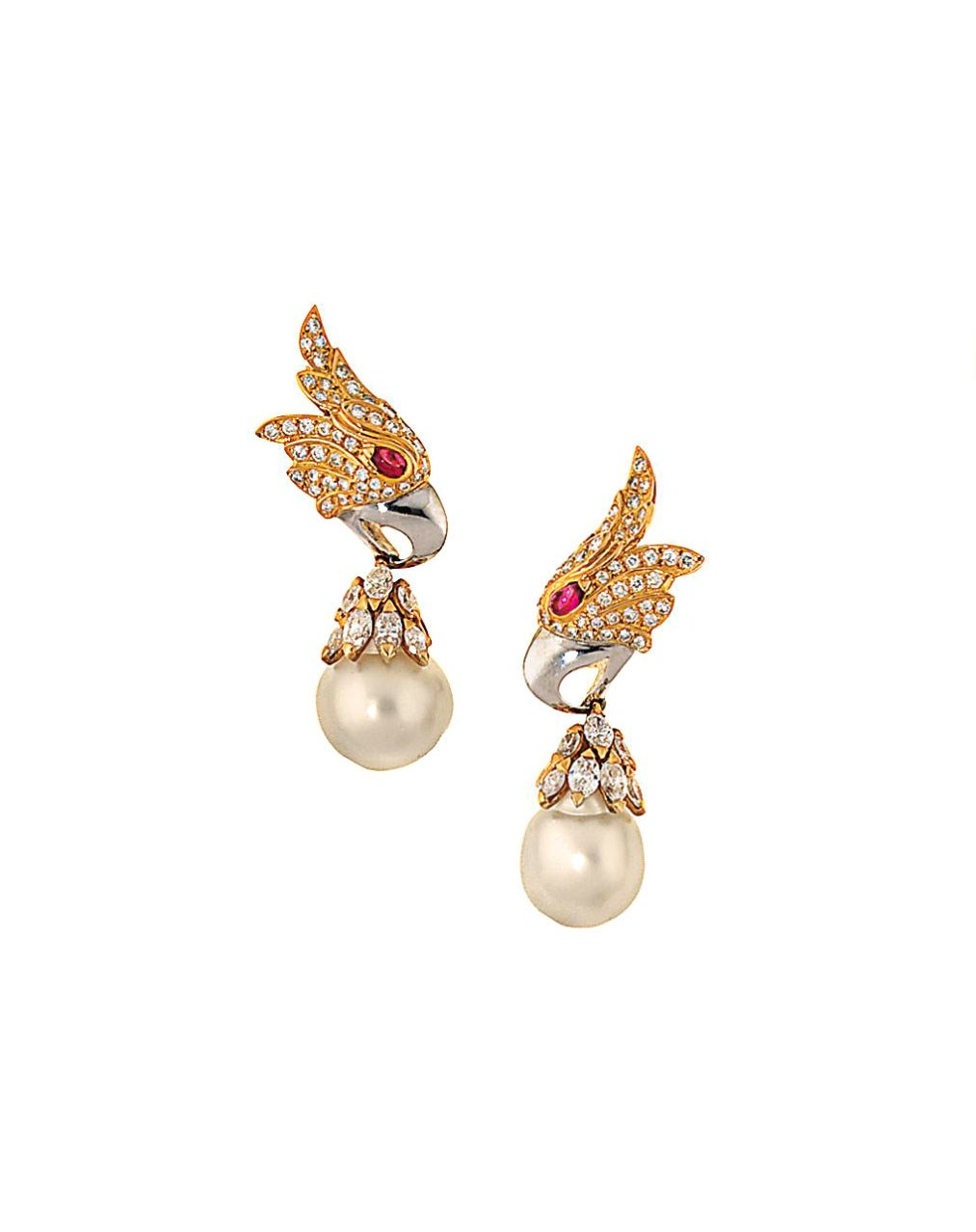 A pair of cultured pearl, ruby and diamond earrings