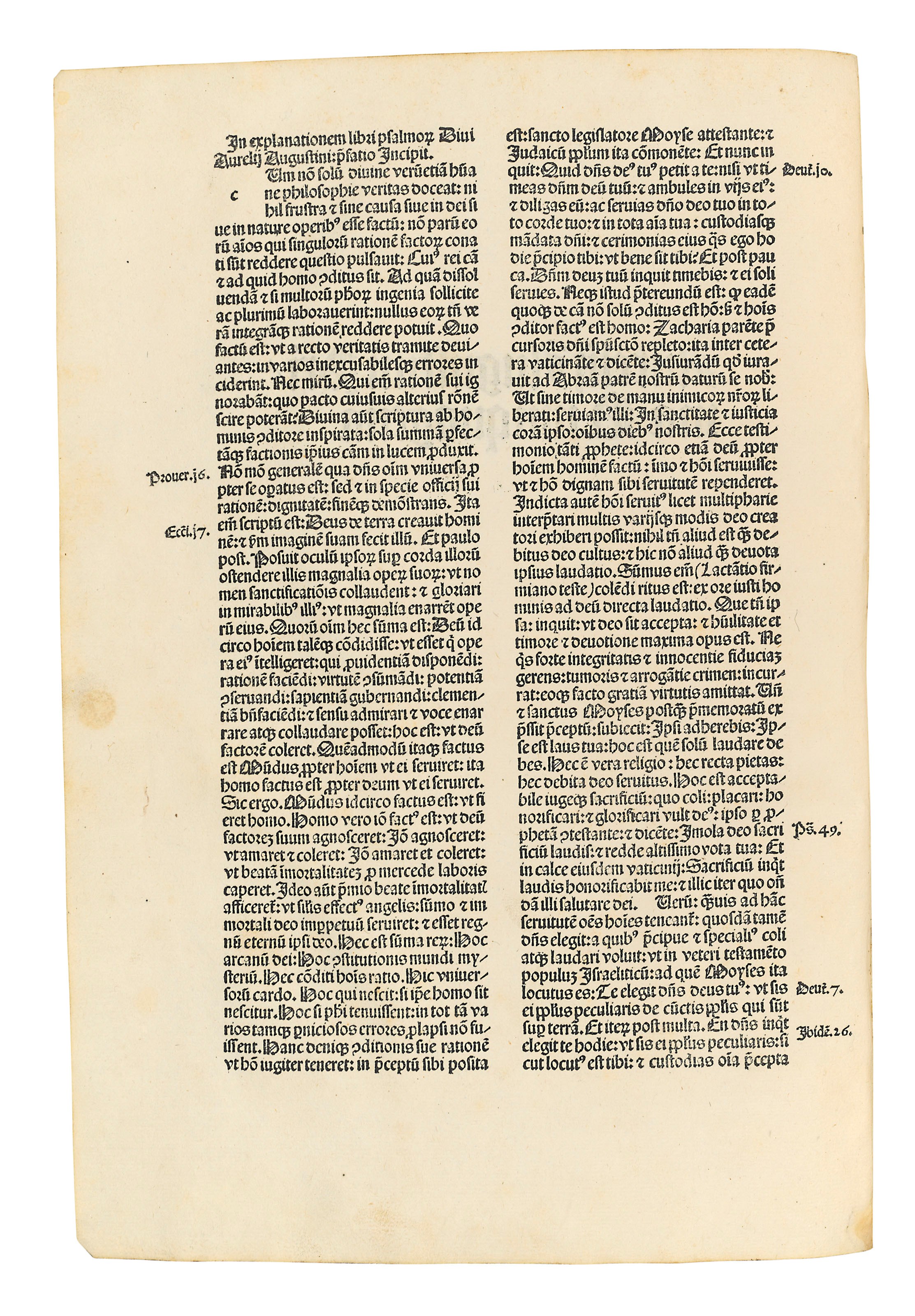 AUGUSTINUS, Aurelius (354-430). Explanatio psalmorum. Basel: Johann Amerbach, [not after 8 September] 1489. 3 parts in one volume, median 2° (316 x 215 mm). 546 leaves (of 550, without blank a1, lacking 2b8; fos. v2.5 replaced with a duplicate conjugate pair of v3.4). Gothic types, greek type on 10/5, 54 lines and headline, double column, printed shoulder notes, 3- to 8-line initial spaces with printed guide-letters. (Marginal tear to 2a7 just into text, small marginal paper flaw in C5 and EE4, lower corners frayed in final few quires, a few occasional spots.) Contemporary Nuremberg calf over wooden boards, tooled in blind with Laubstab, rosettes, pierced heart and other tools, spine compartments diapered and with some tools repeated (lacking clasps, some wear with loss of leather, lower corner and spine ends  a a little defective). Provenance: early inscriptions on rear pastedown, occasional marginal manicules.