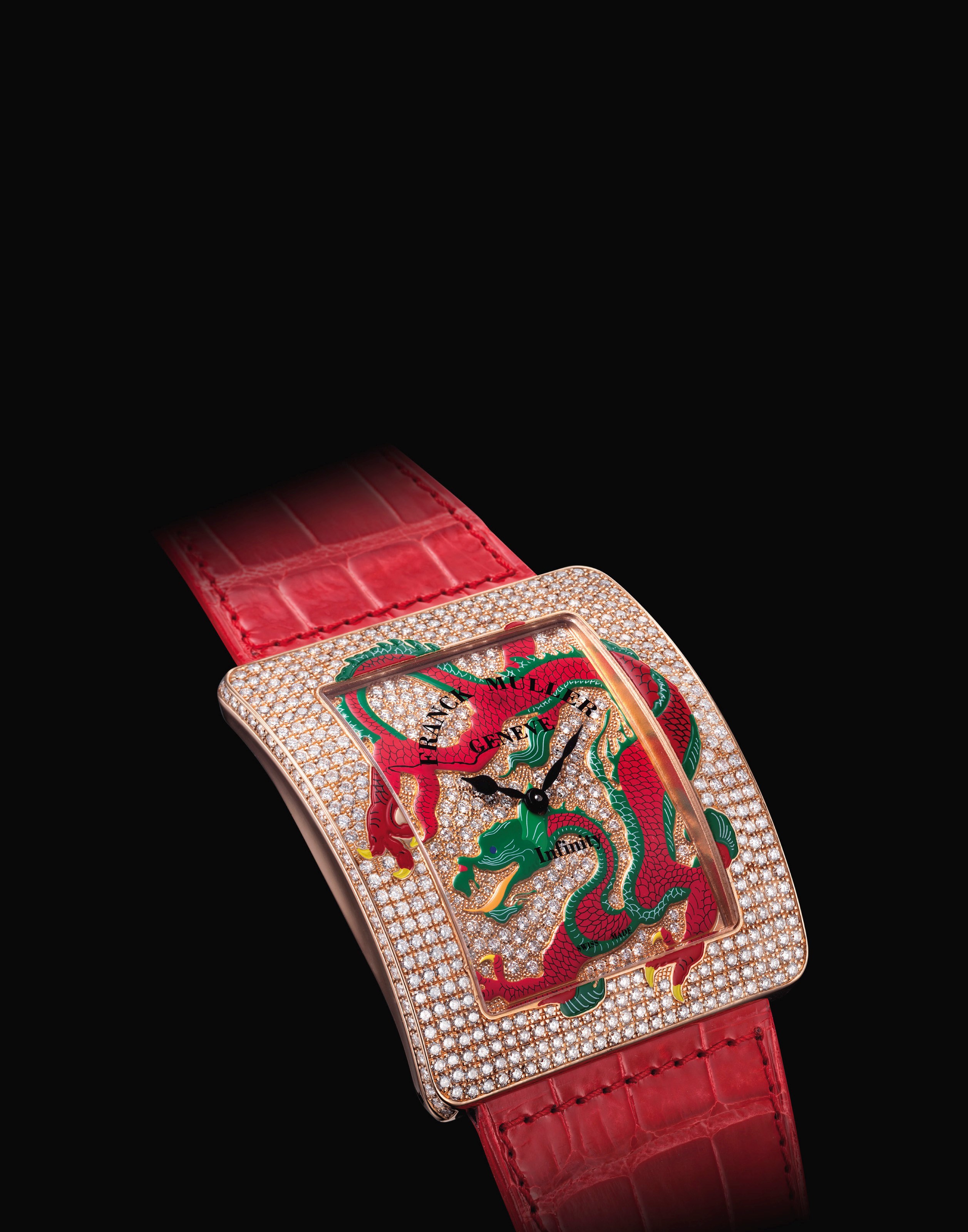 Franck Muller，精细，18K红金镶钻石长方形石英腕表，配珐琅表盘，“ Infinity Dragon Myth”，型号3740 QZ DRG 2 D CD，编号10，约2010 年制
