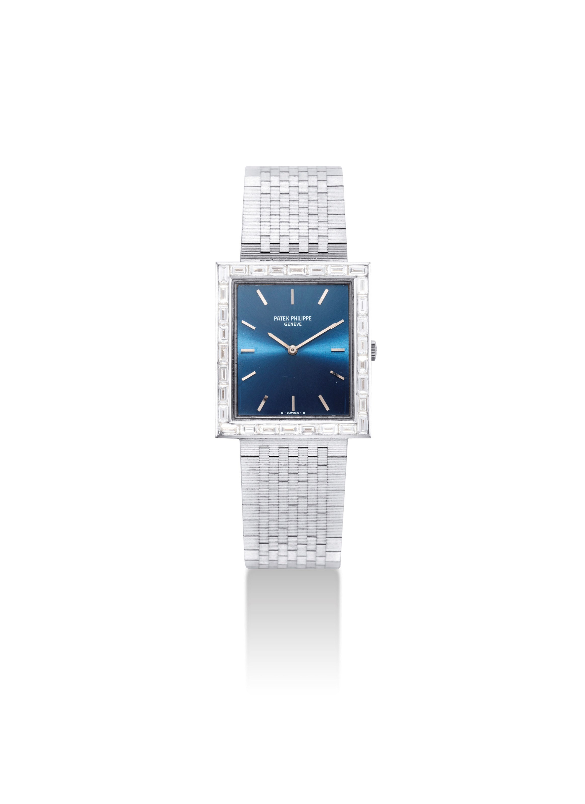 PATEK PHILIPPE. A FINE 18K WHITE GOLD AND DIAMOND-SET RECTANGULAR BRACELET WATCH