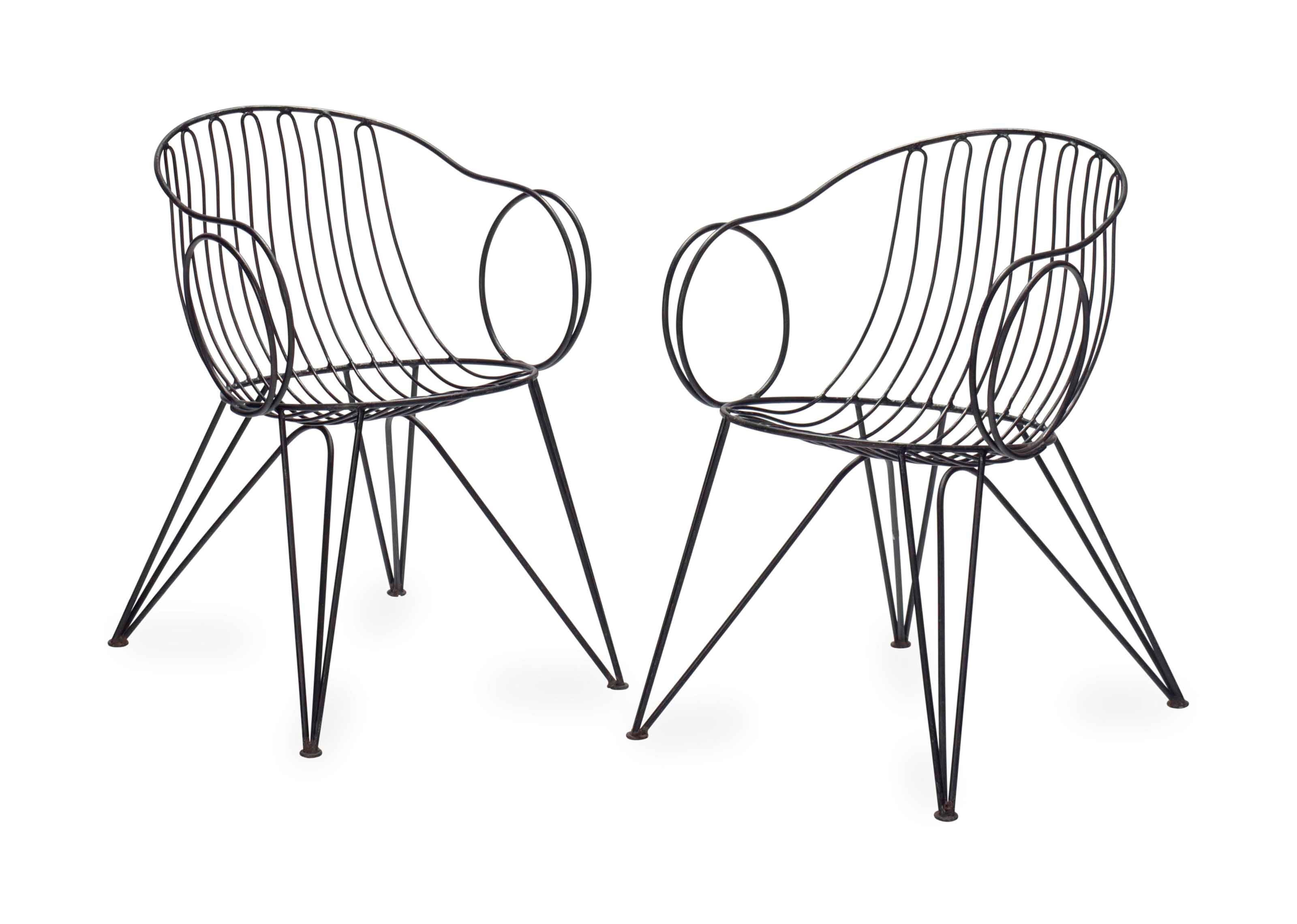 A SET OF FOUR BLACK-PAINTED WROUGHT IRON OPEN ARMCHAIRS,