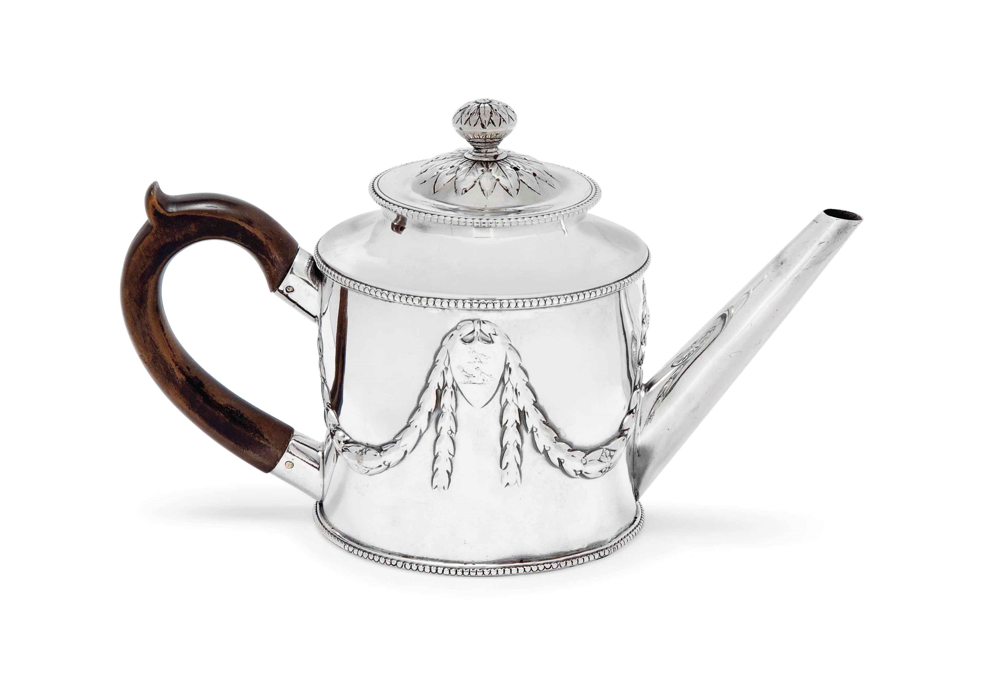 A GEORGE III SILVER DRUM TEAPOT
