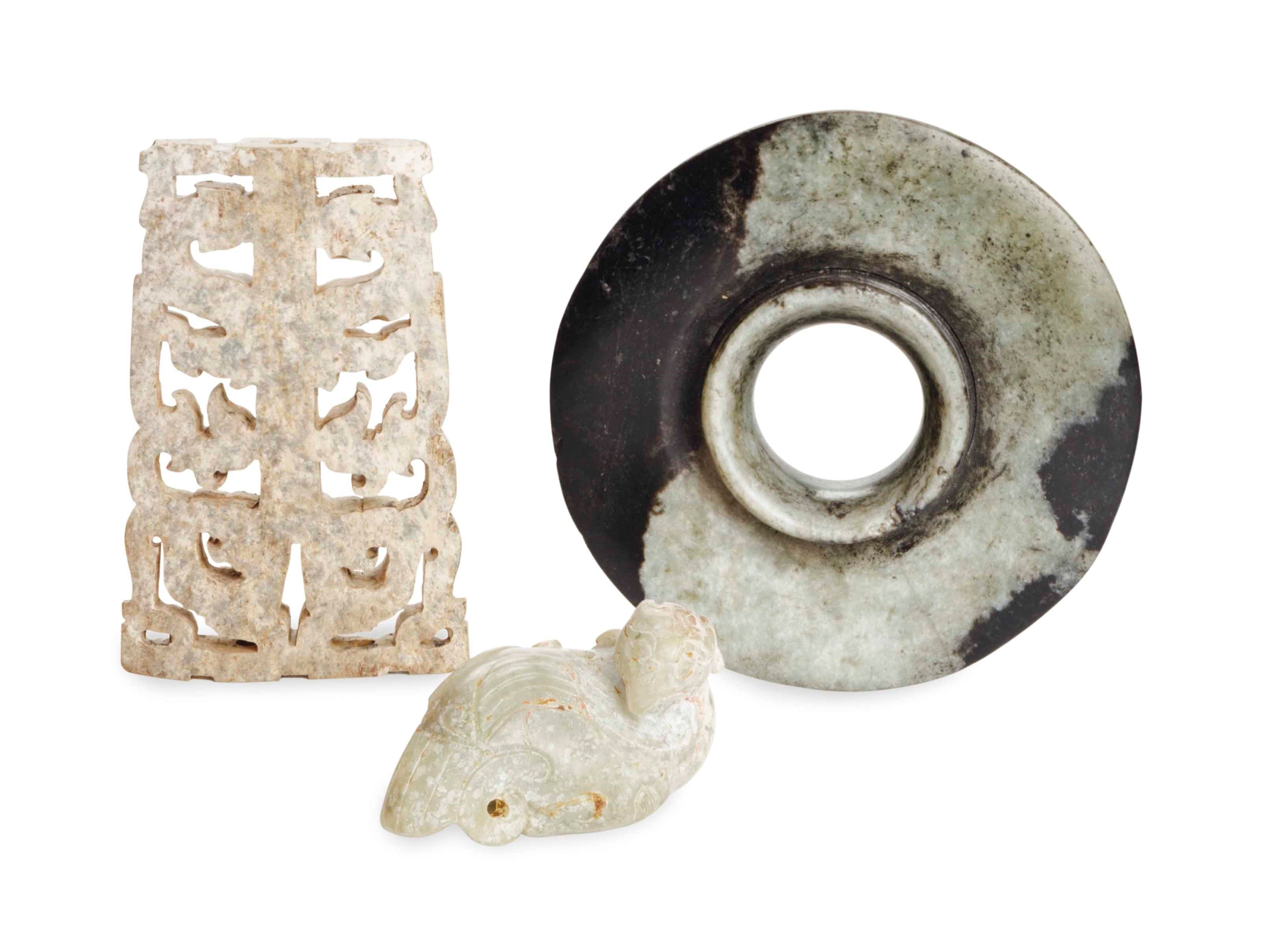 THREE ARCHAISTIC JADE CARVINGS,