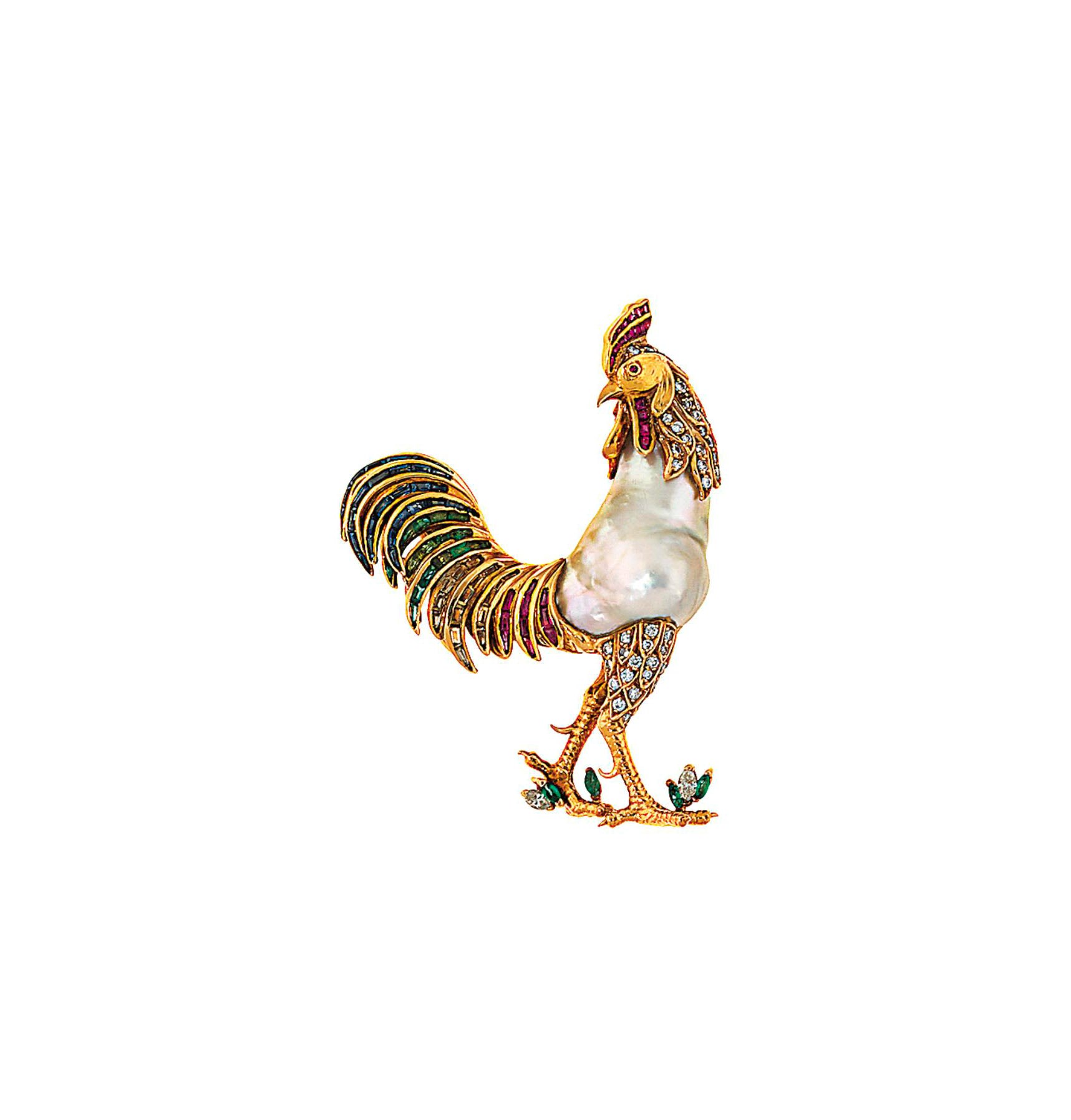 A gem-set cockerel brooch