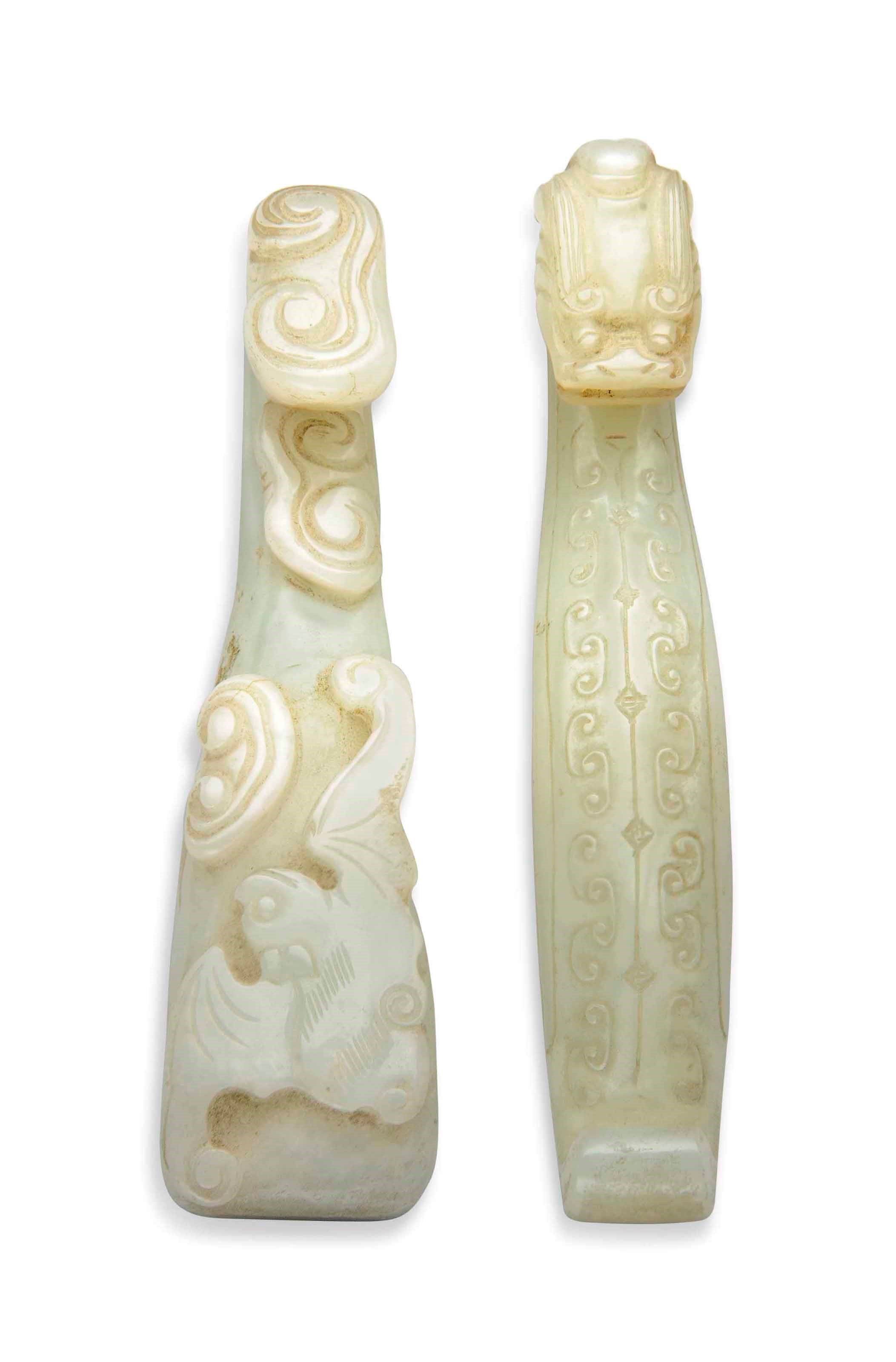 TWO CHINESE PALE CELADON JADE BELT HOOKS