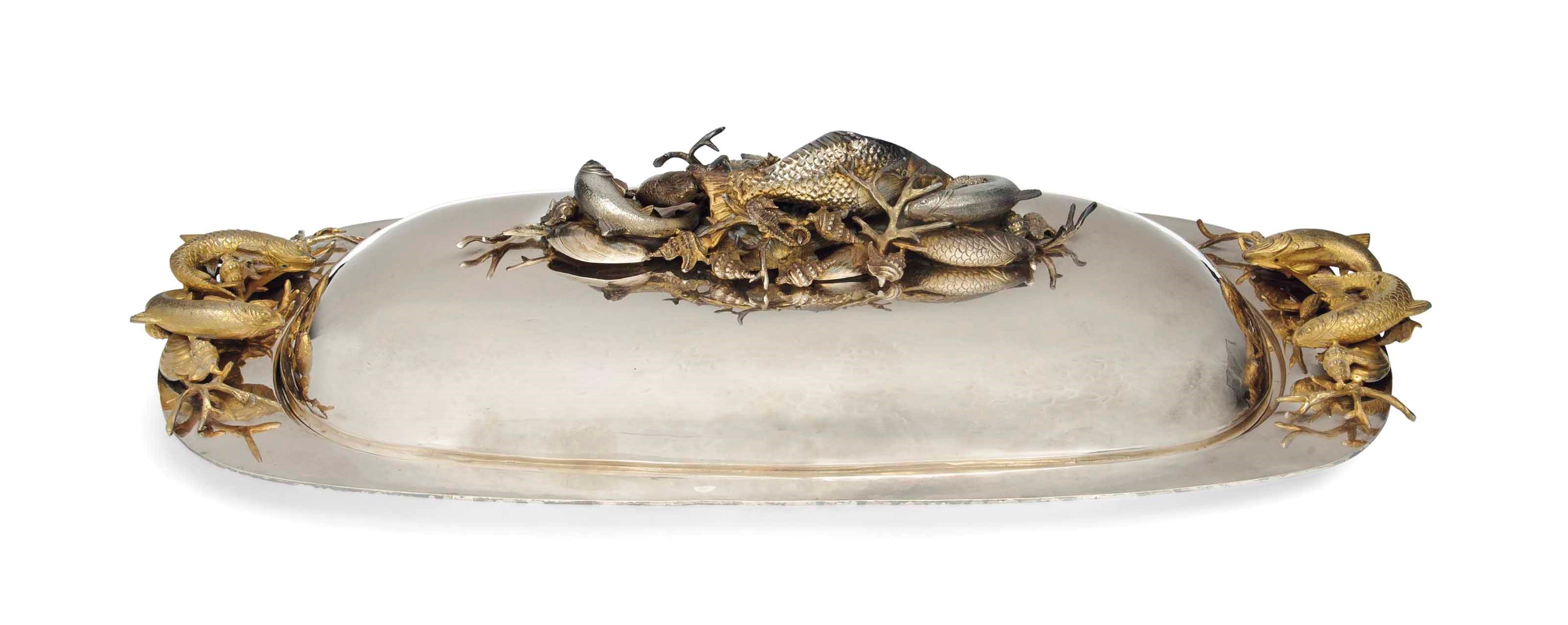 A LARGE ITALIAN PARCEL-GILT SILVER-PLATED COVERED SEAFOOD PLATTER