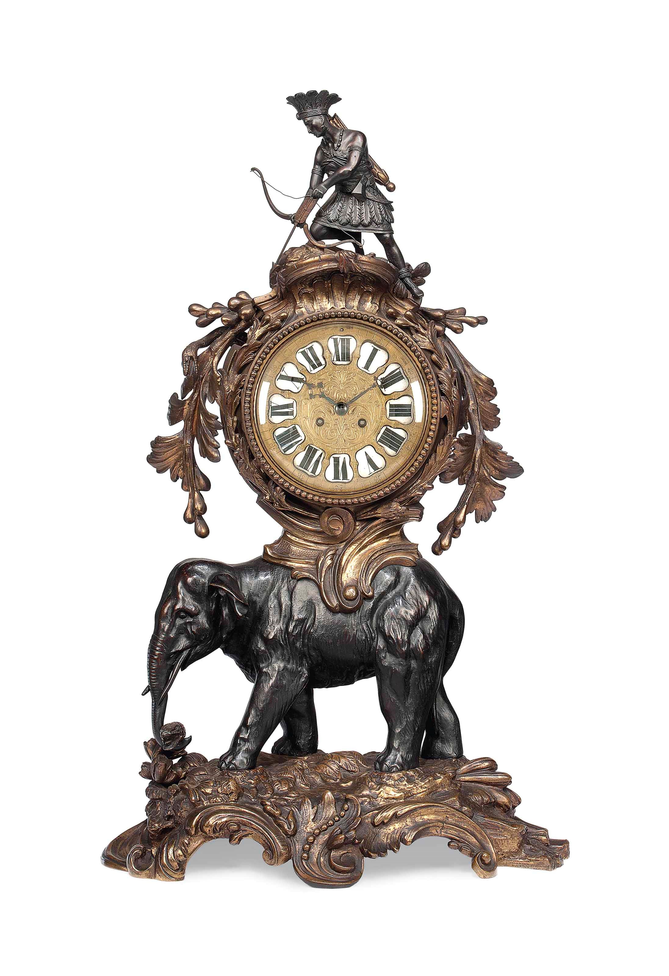 A FRENCH ORMOLU-MOUNTED AND PATINATED-BRONZE STRIKING ELEPHANT CLOCK
