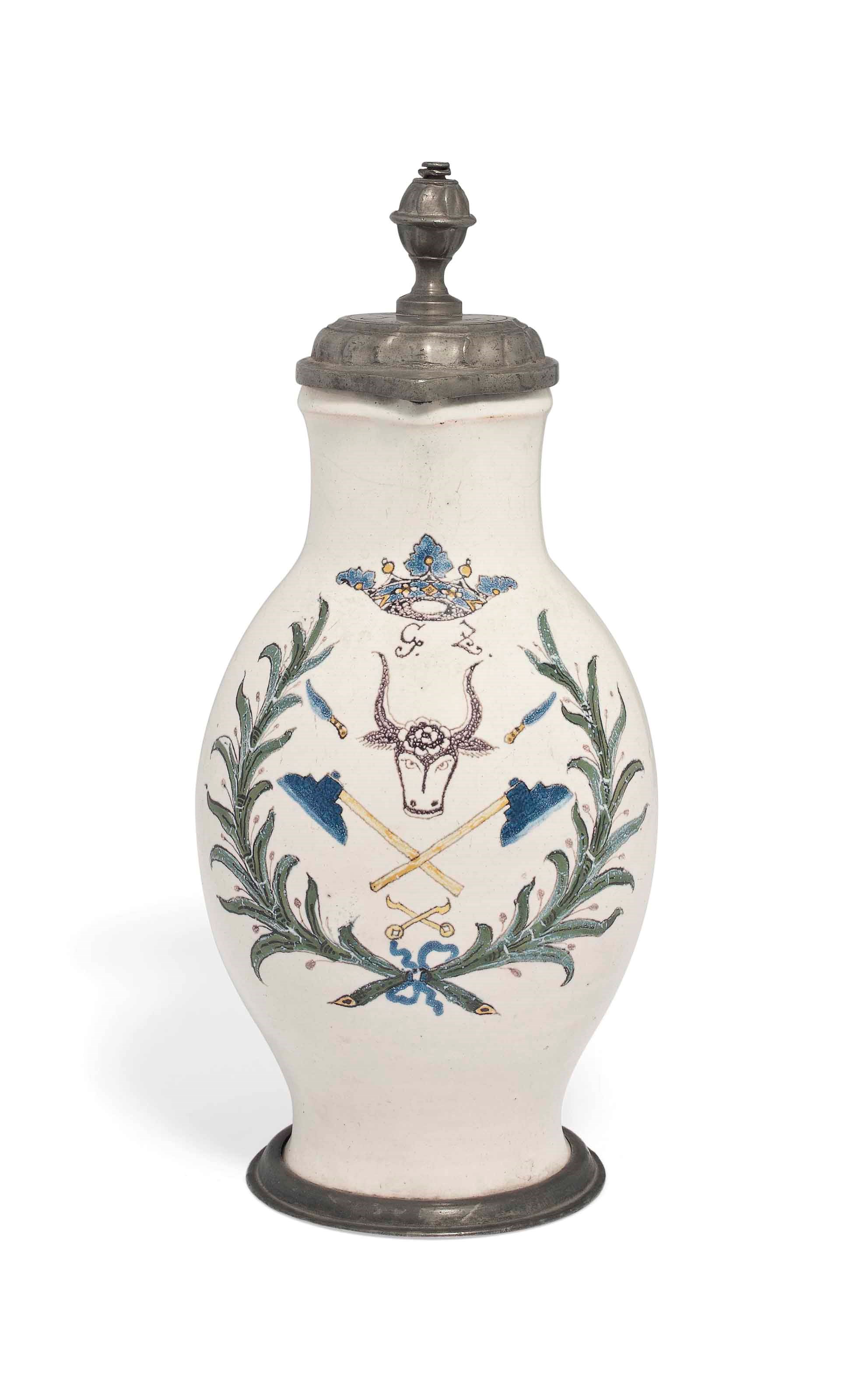 A GERMAN FAYENCE POLYCHROME PEWTER-MOUNTED JUG (ENGHALSKRÜGE)
