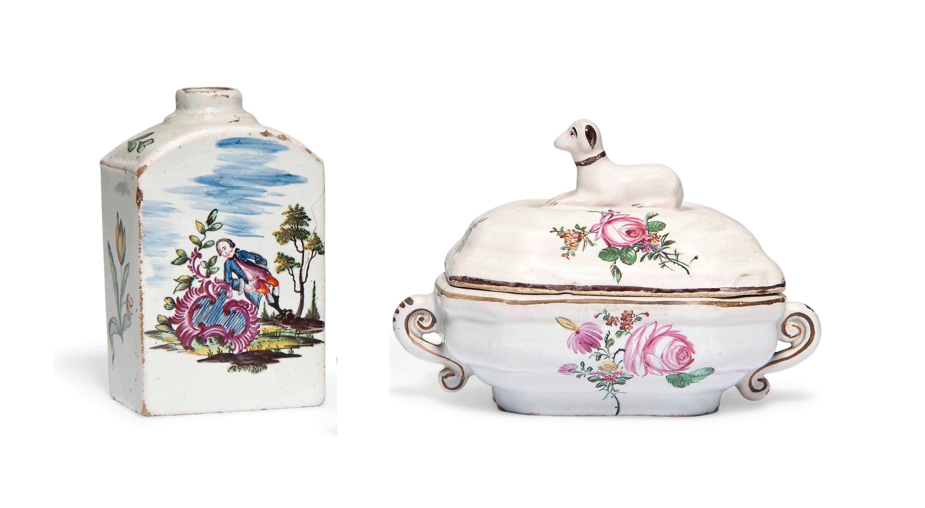 A GLIENITZ ARCHED RECTANGULAR TEACADDY AND A PROSKAU FAYENCE OCTAGONAL SUGAR-BOX AND COVER