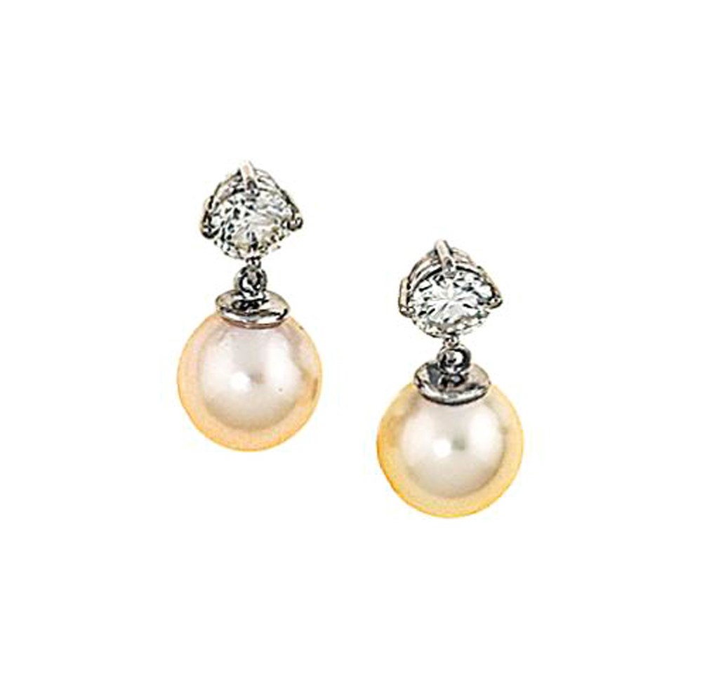 A pair of cultured pearl and diamond earrings