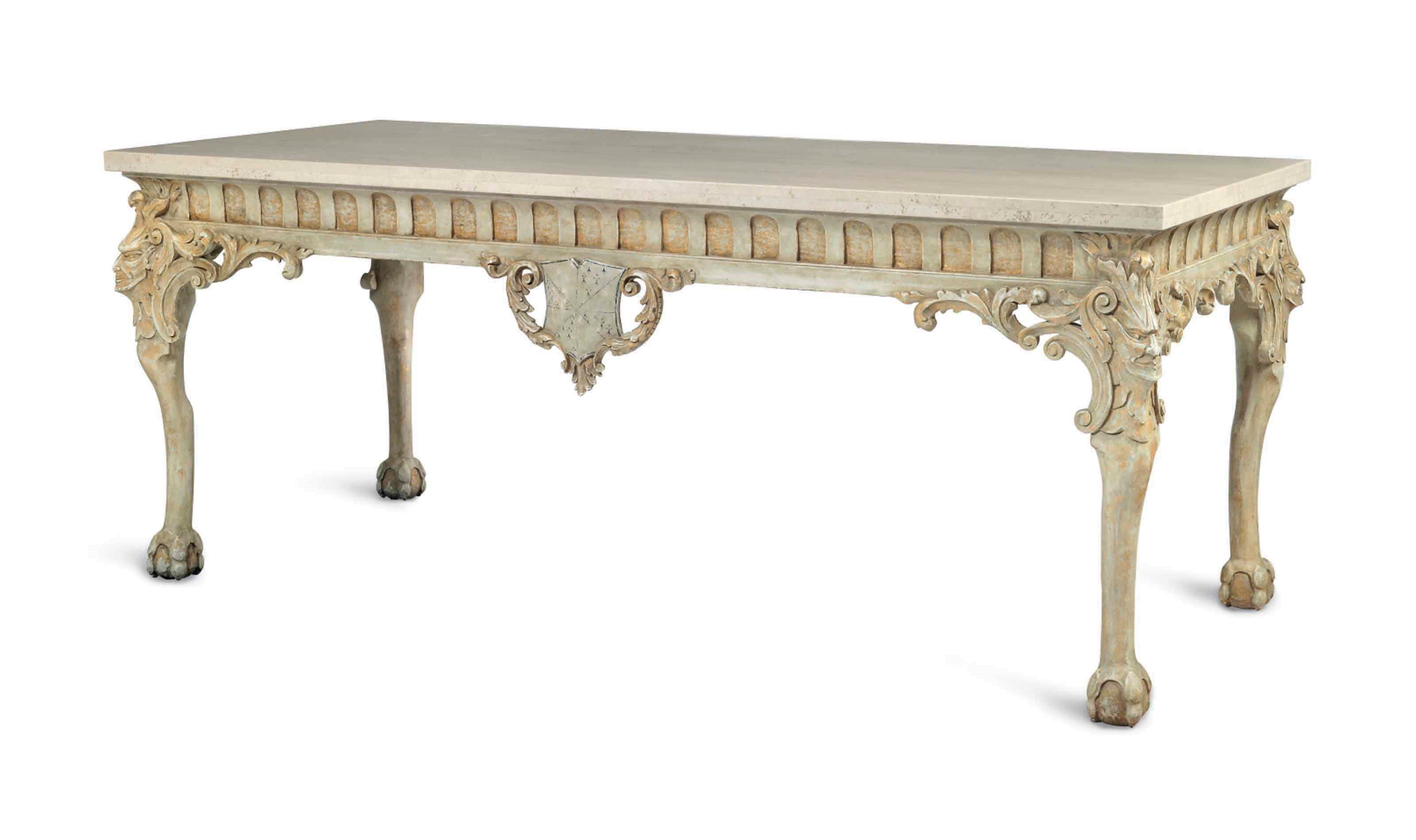 A LARGE PARCEL-GILT GREY-PAINTED CONSOLE TABLE