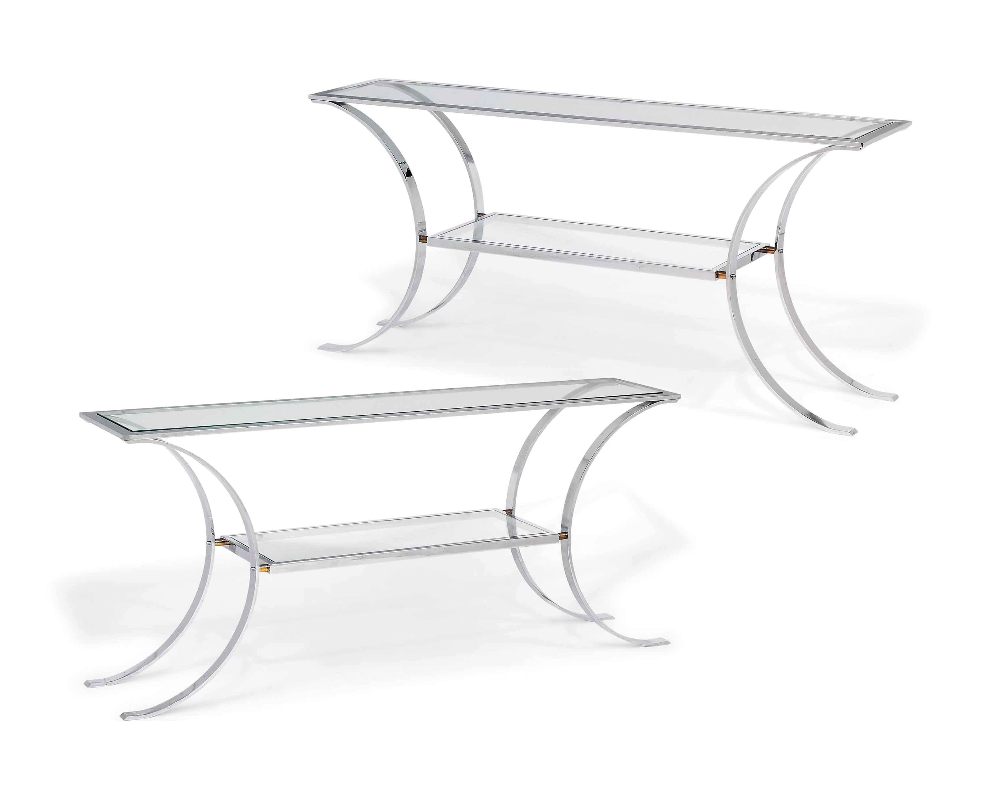 A PAIR OF CHROMED METAL, BRASS AND GLASS CONSOLE TABLES