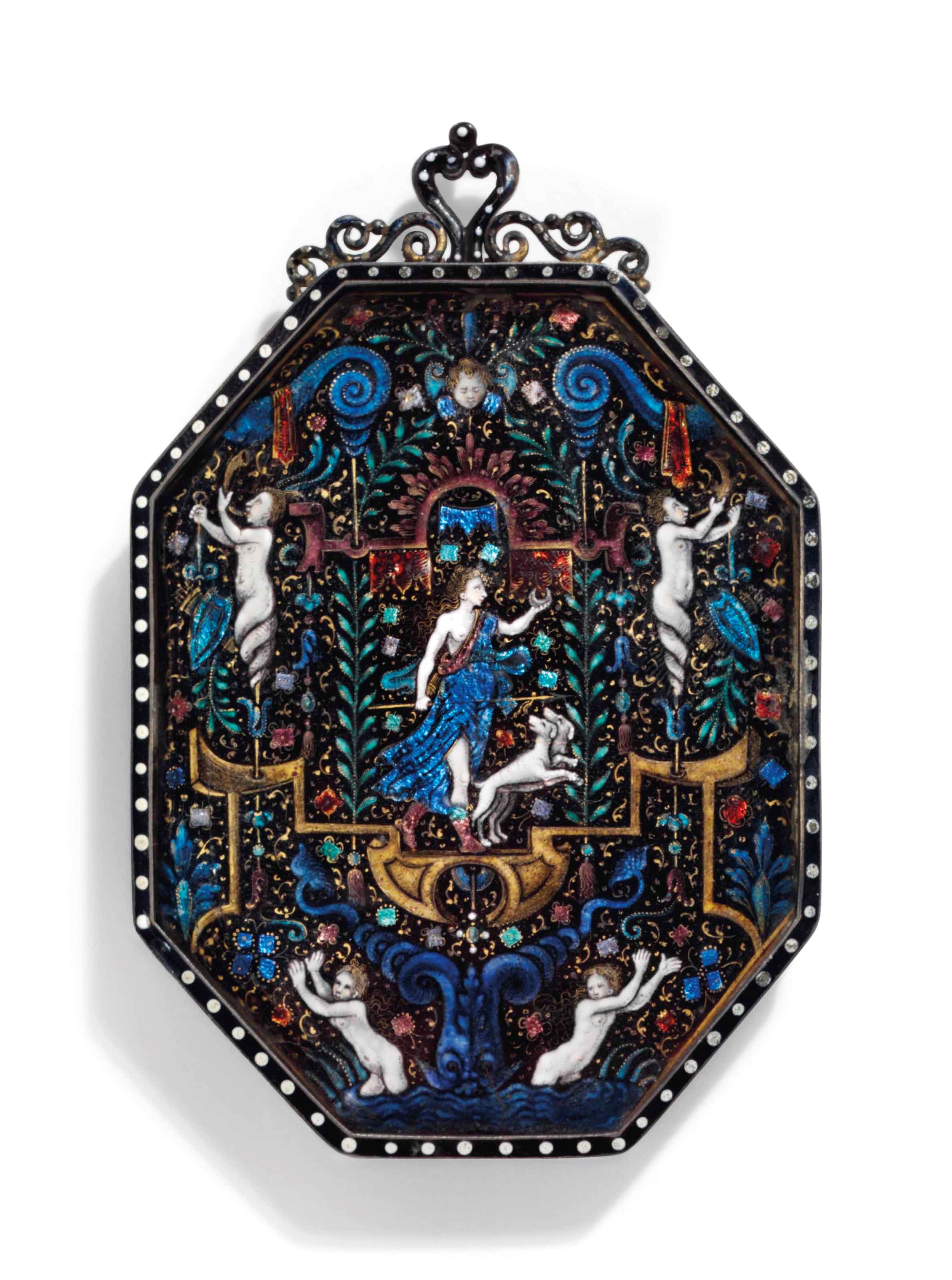 MIROIR OCTOGONAL EN EMAIL PEINT POLYCHROME REPRESENTANT DIANE