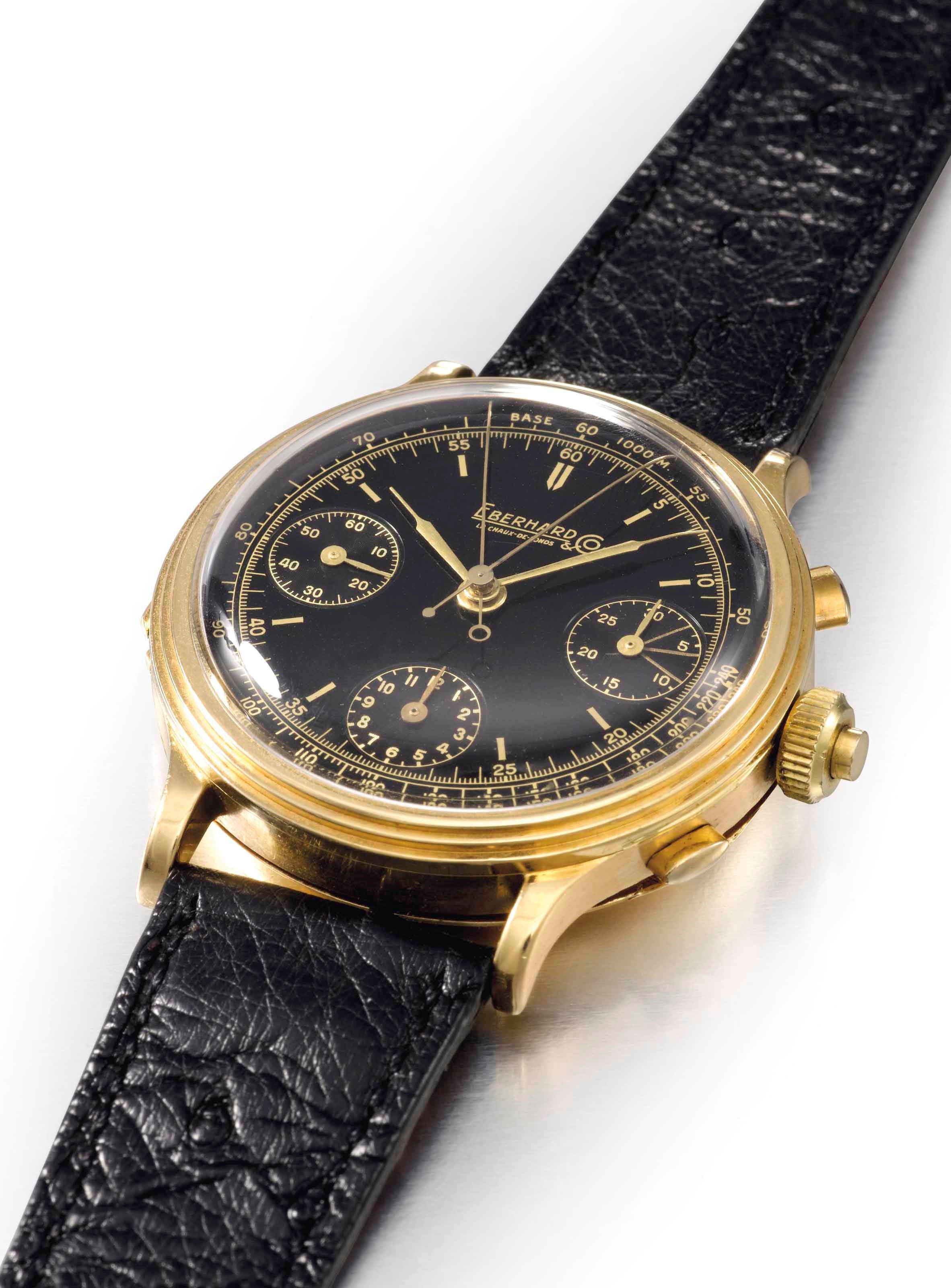 Eberhard. An extremely fine and unusual oversized 18K gold split seconds chronograph wristwatch with black dial