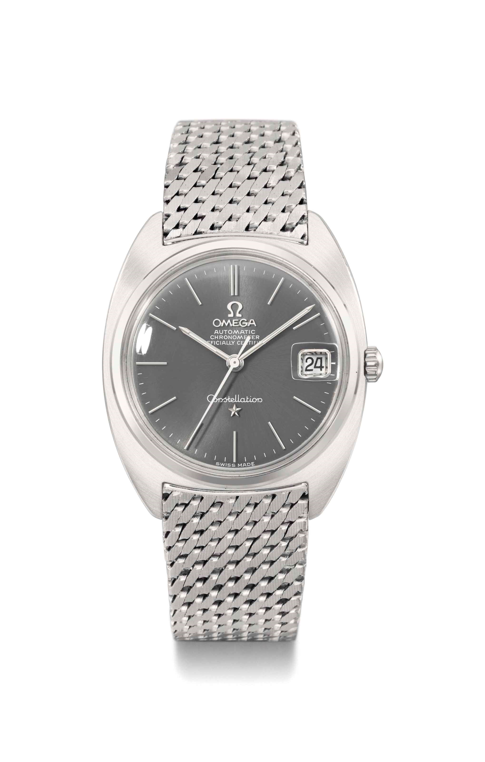 Omega. A very fine, elegant and rare 18K white gold automatic wristwatch with sweep centre seconds, date, grey dial and bracelet