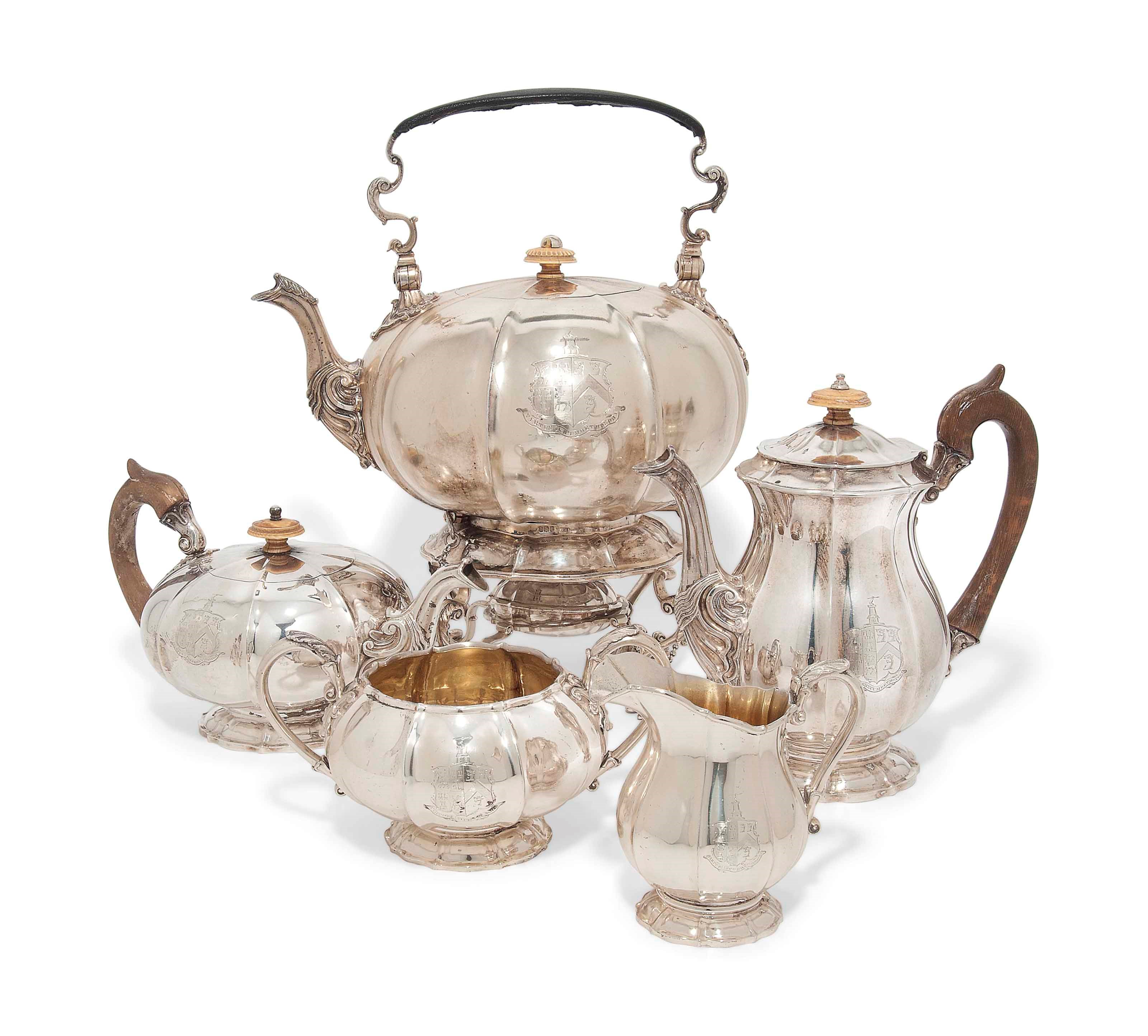 A GEORGE IV SILVER FIVE-PIECE TEA & COFFEE SERVICE