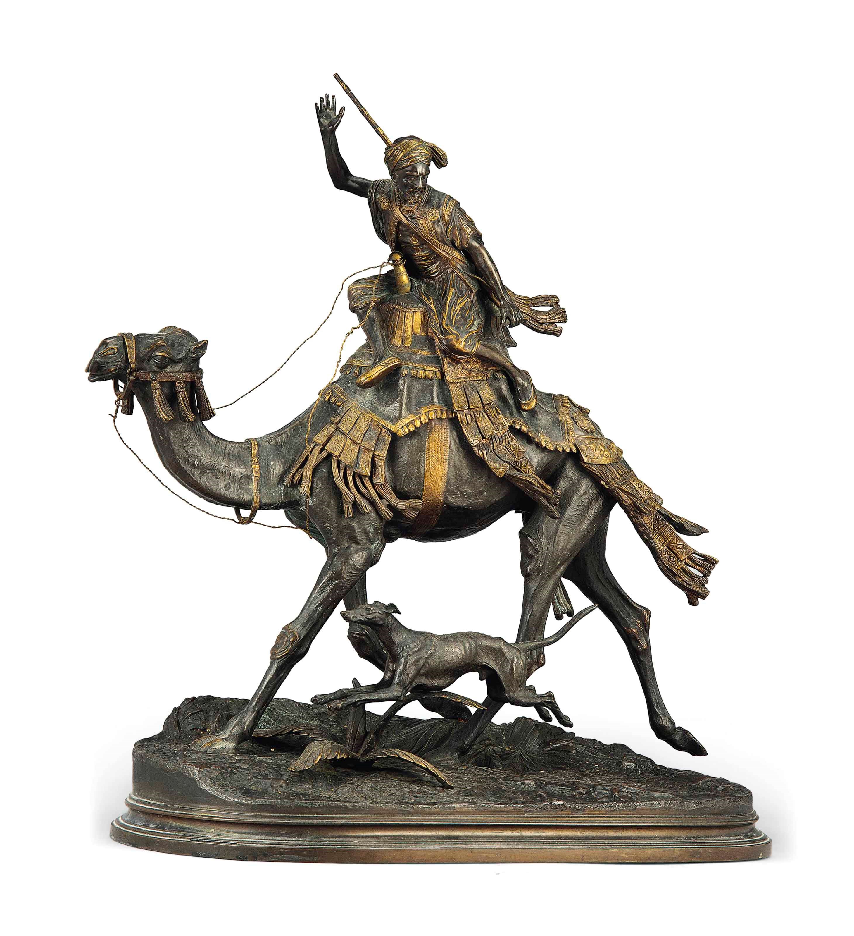 A FRENCH BRONZE ORIENTALIST GROUP ENTITLED HOMME AU CHAMEAU
