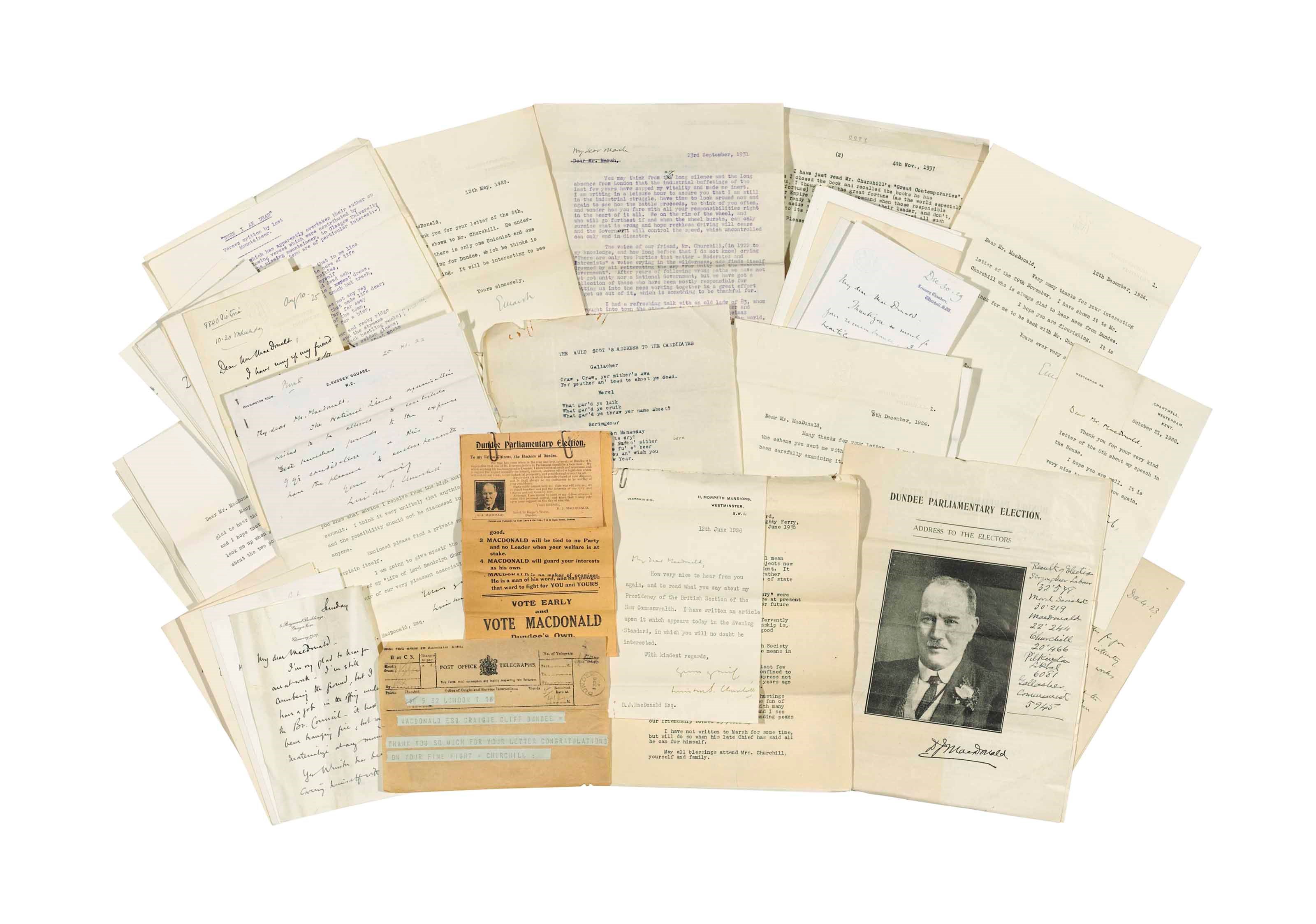 POLITICAL PAPERS. A collection of the letters and documents of D. J. MACDONALD, 1922-1939, comprised chiefly of correspondence from Winston CHURCHILL  and his private secretary Edward MARSH.