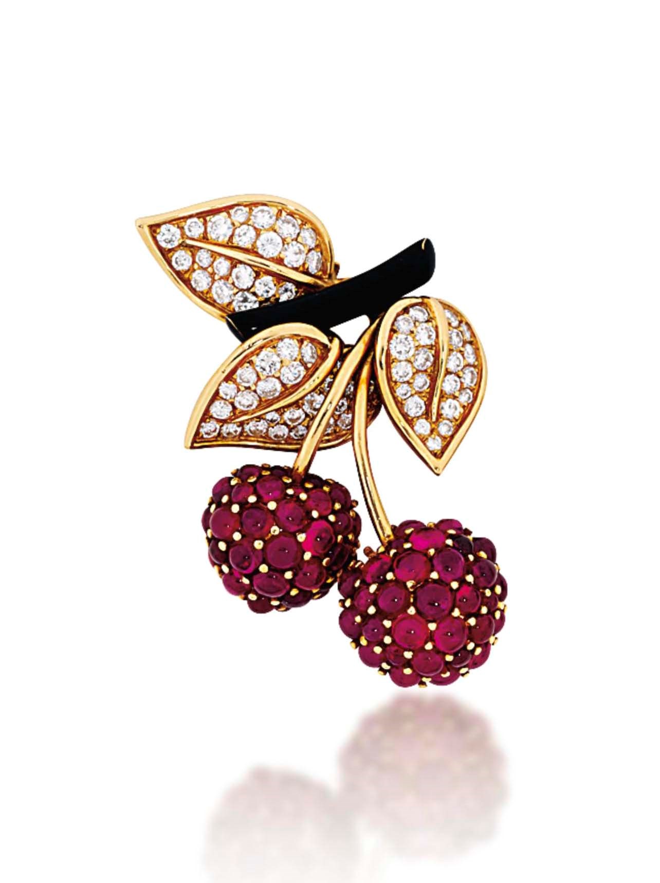 A RUBY, ENAMEL AND DIAMOND CHERRY BROOCH, BY VAN CLEEF & ARPELS