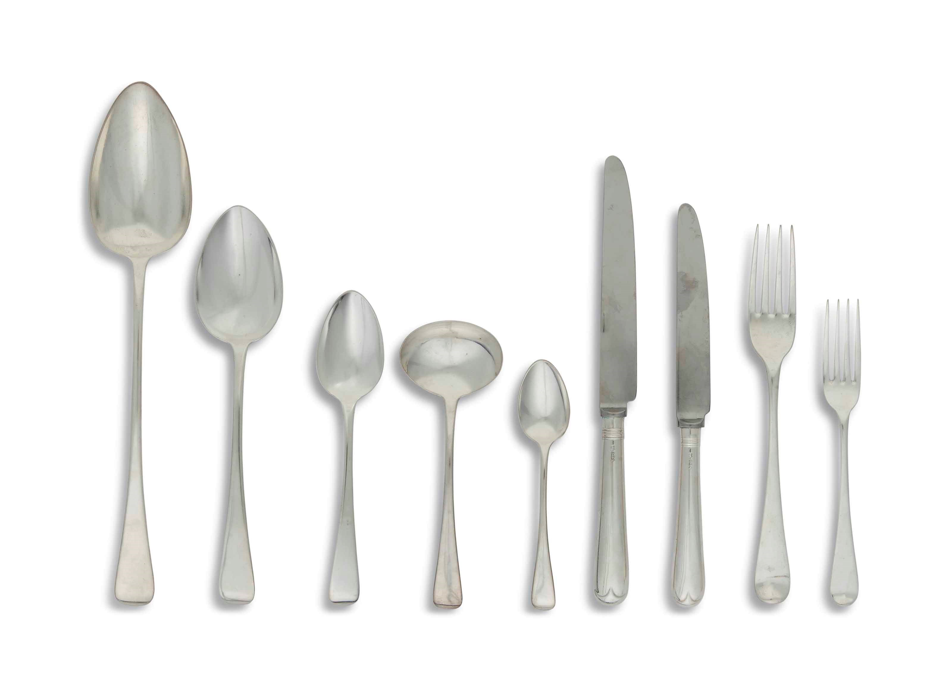 A GEORGE III SILVER OLD ENGLISH PATTERN FLATWARE SERVICE