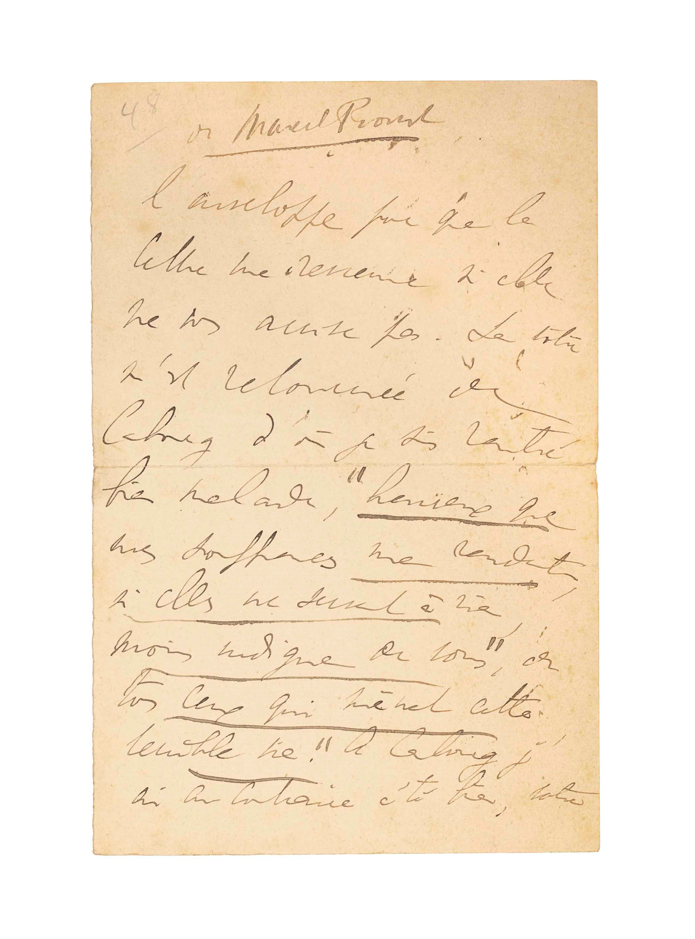 Marcel PROUST (1871-1922). Fragment d'une lettre autographe signée, probablement à Albert Nahmias, s. d. [pendant la guerre 14-18]. 2 pages in-12 (170 x 110 mm). Encre brune sur papier vergé.