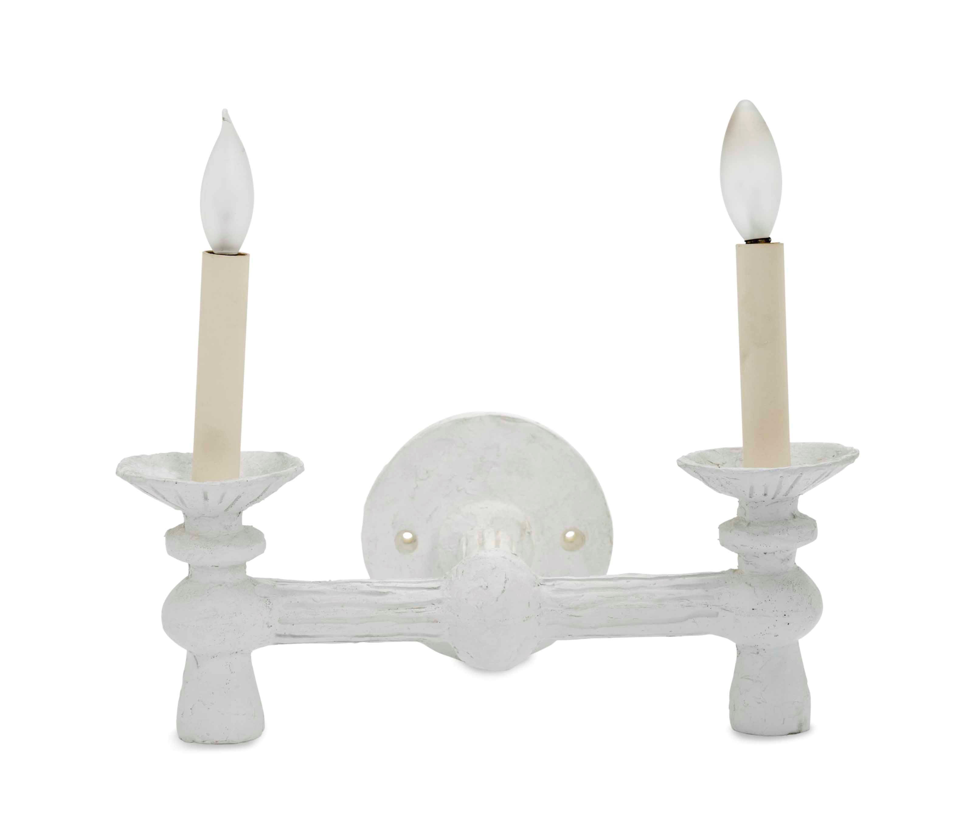 A SET OF FOUR PLASTER TWO-ARM WALL LIGHTS,