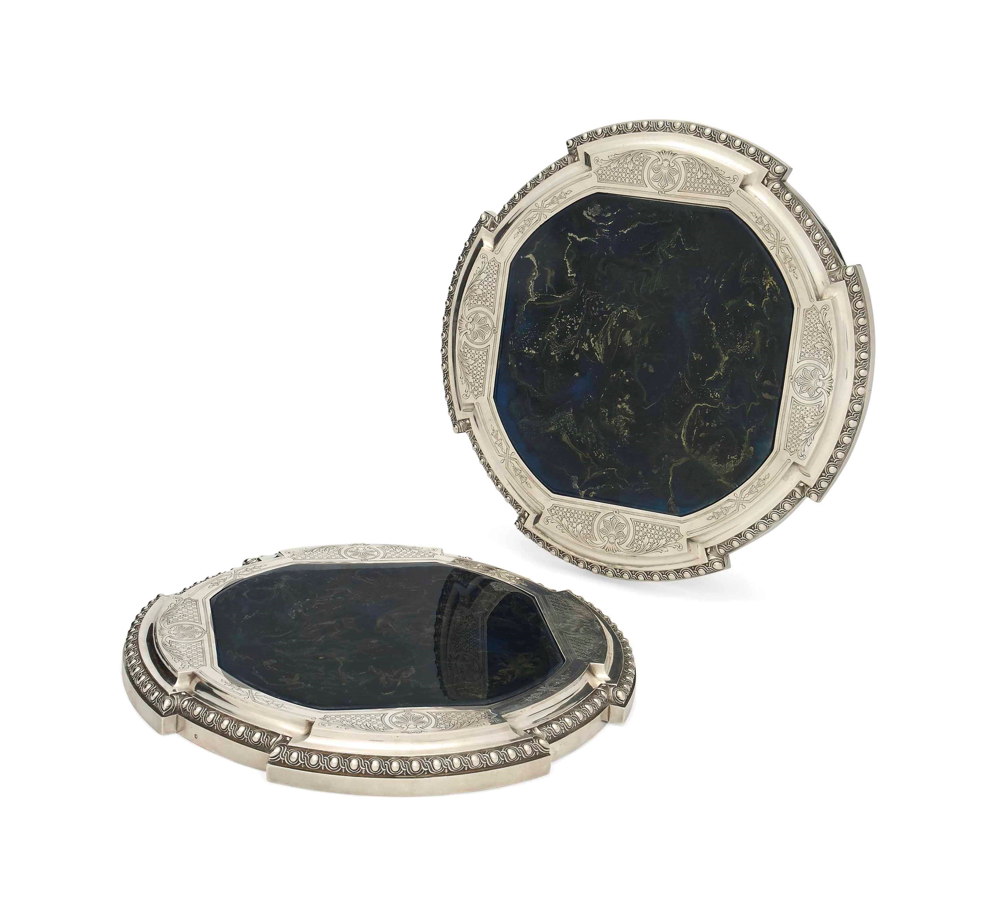 A PAIR OF FRENCH SILVER PLATEAUX WITH DETACHABLE PAPIER MARBRÉ SUR BOIS CENTRES