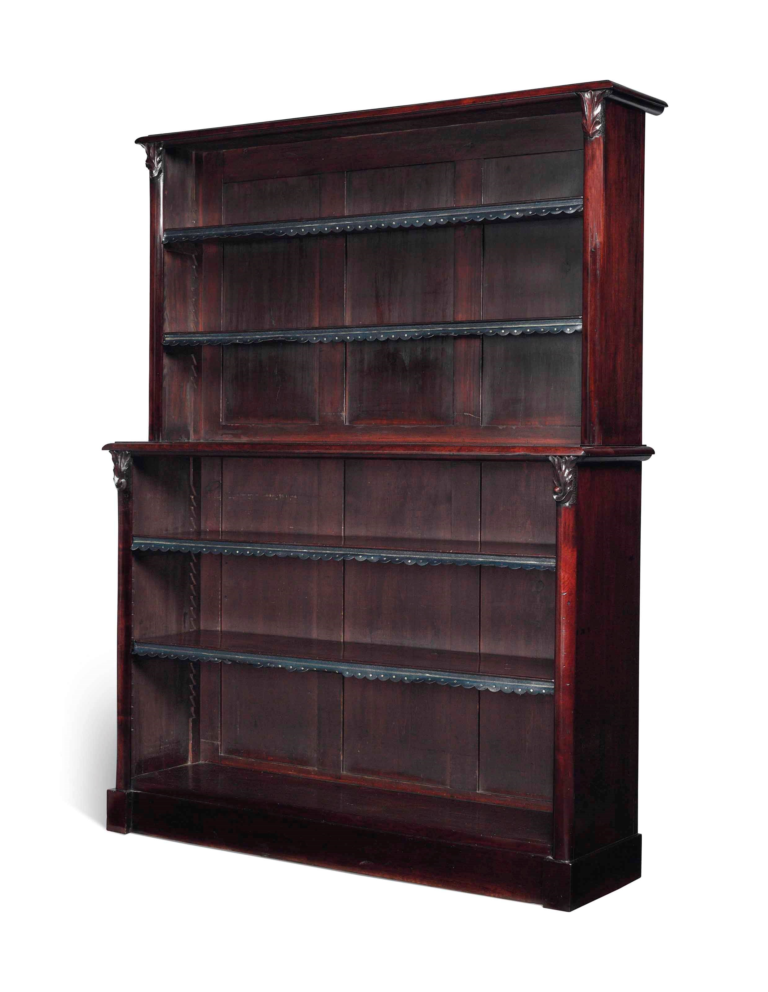 AN EARLY VICTORIAN MAHOGANY TWO-TIER OPEN BOOKCASE