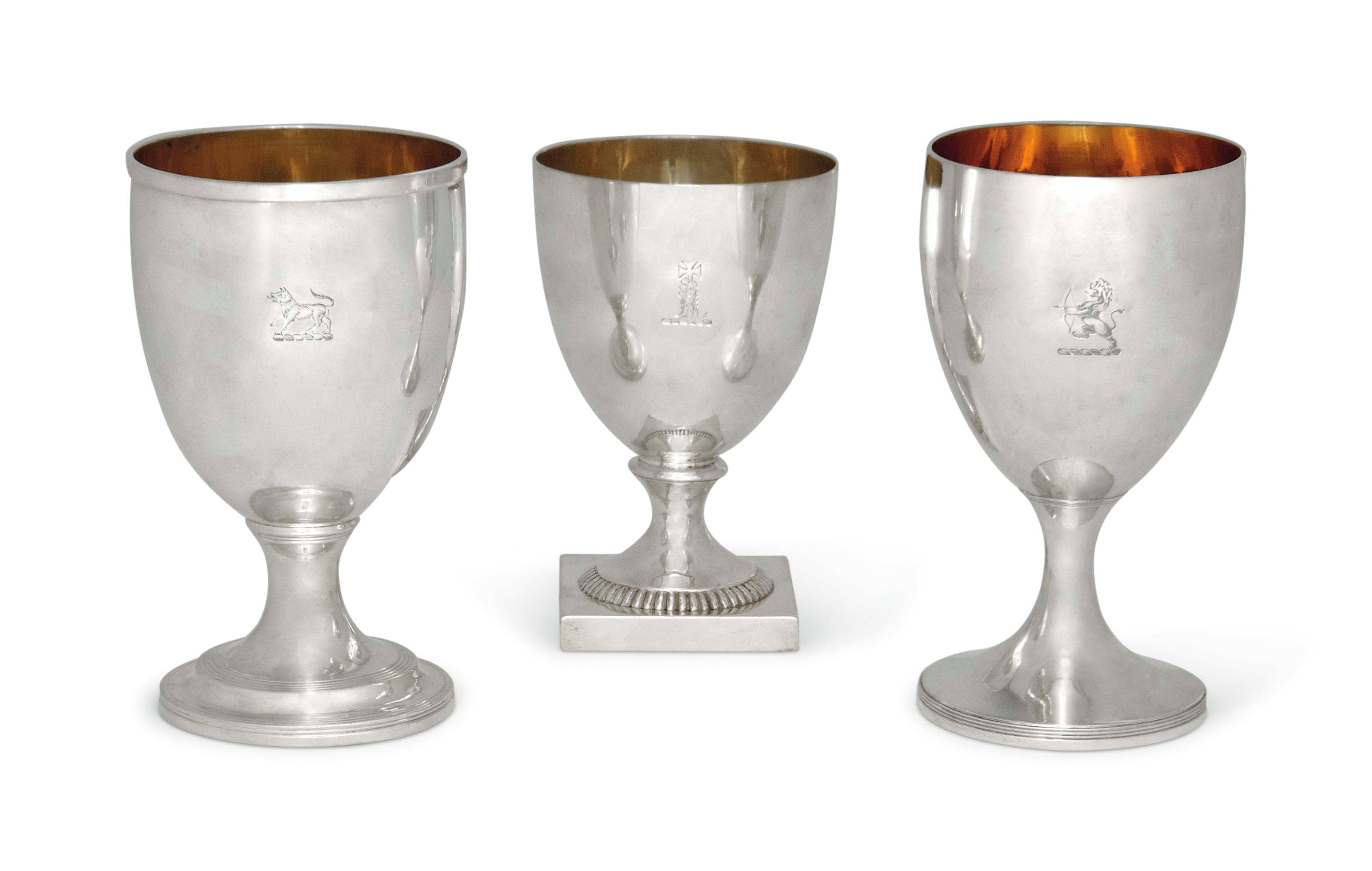 TWO GEORGE III SILVER GOBLETS AND A THIRD GEORGE IV EXAMPLE