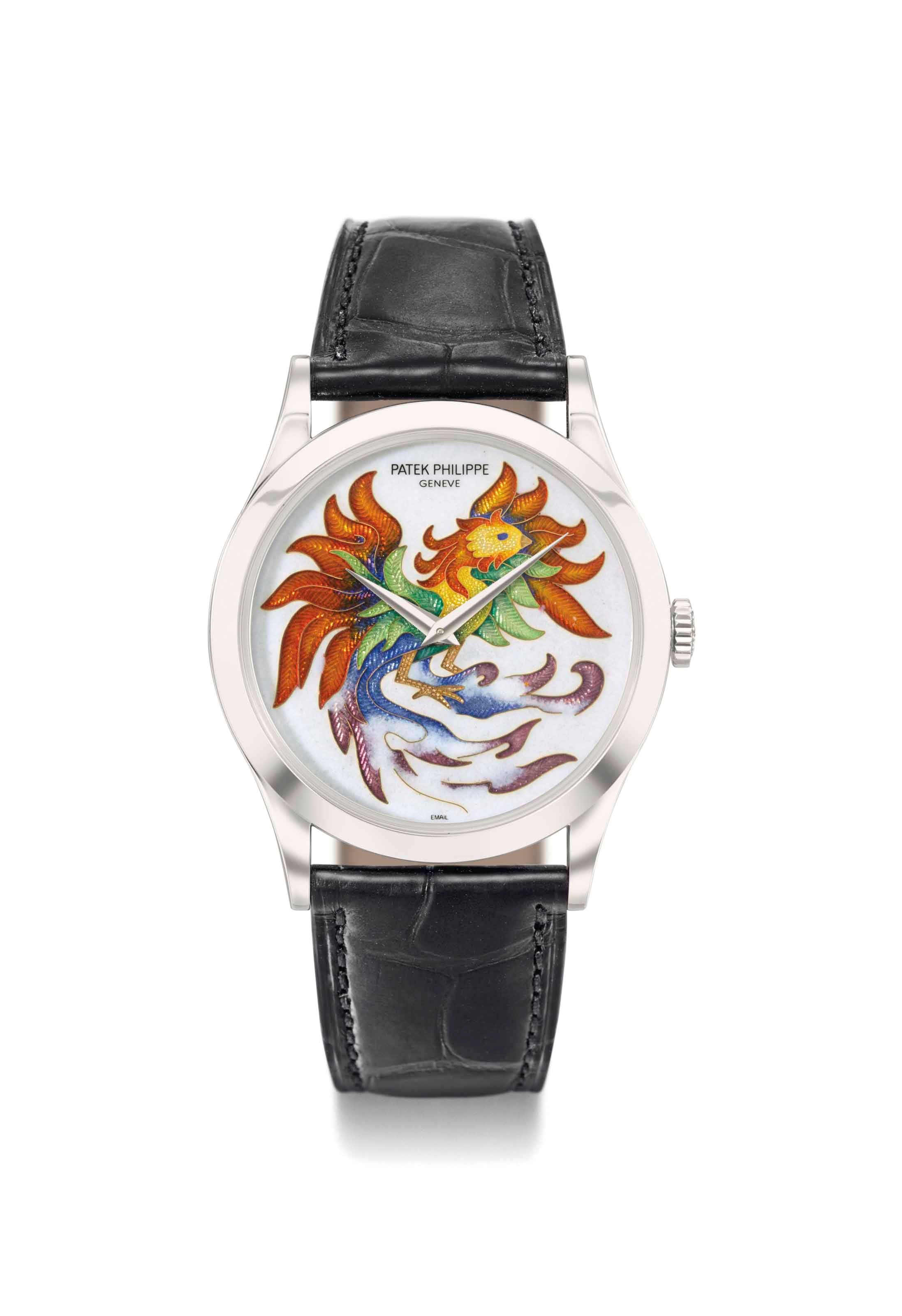 Patek Philippe. An extremely fine and very rare platinum automatic wristwatch with cloisonné enamel dial, Guarantee and box