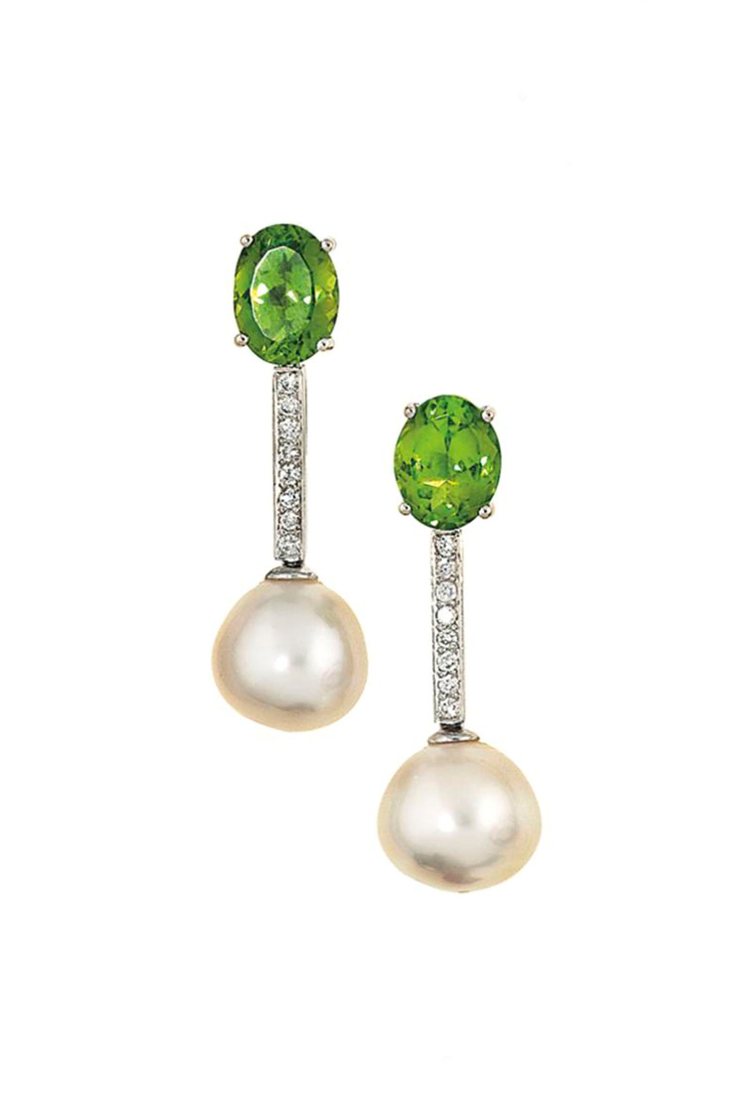 A pair of cultured pearl, peridot and diamond pendent earrings