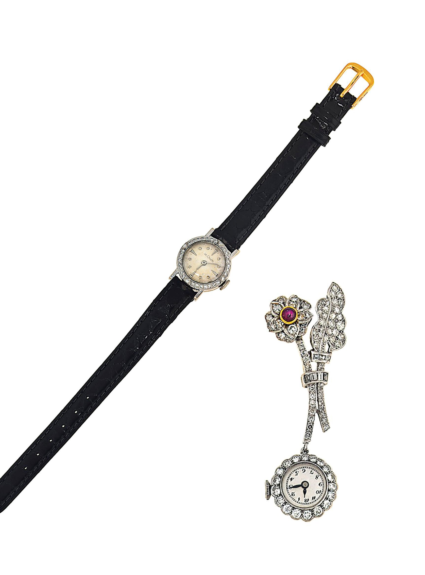 A diamond and ruby lapel watch and a diamond wristwatch, by LeCoultre