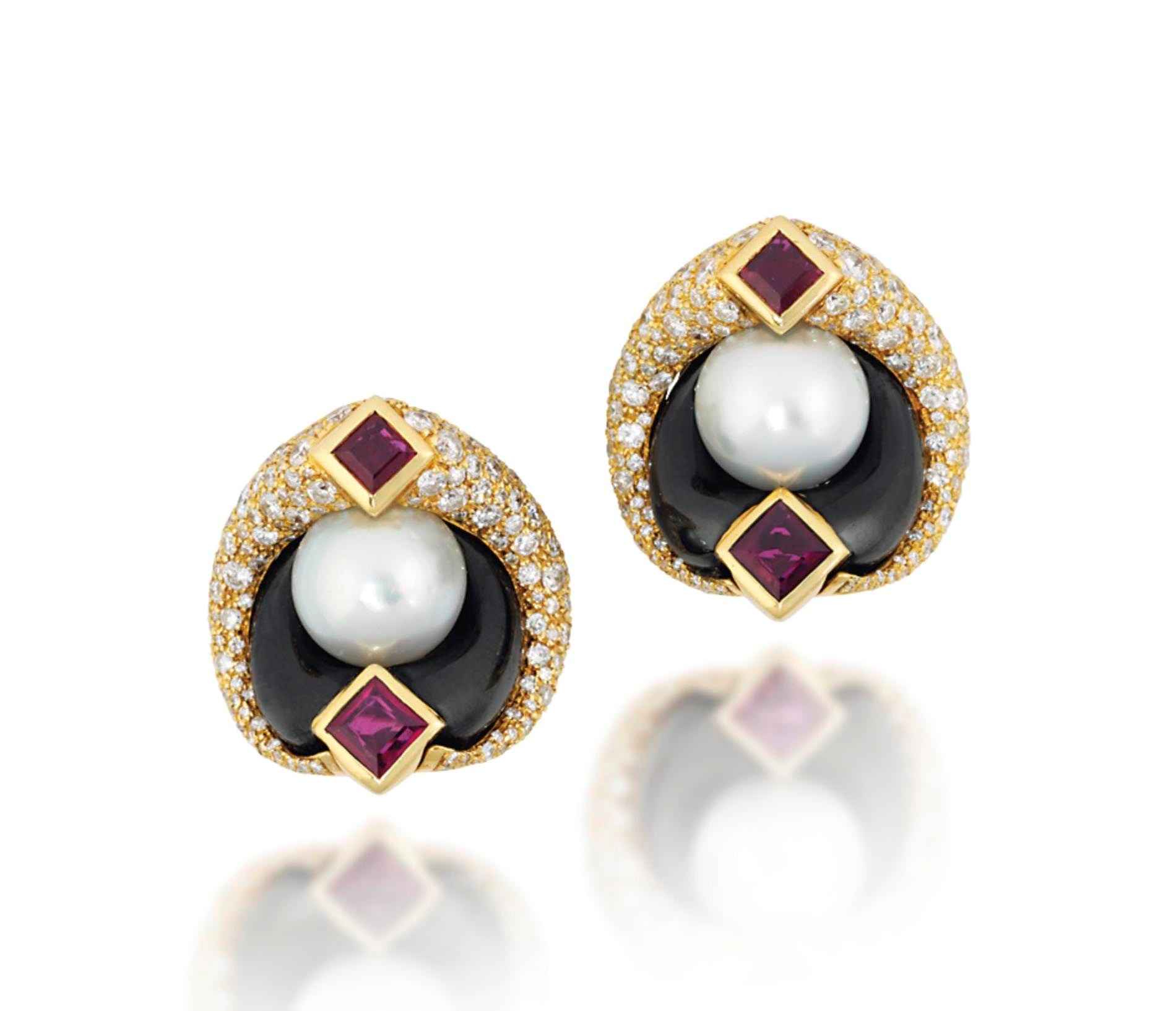 A PAIR OF CULTURED PEARL, RUBY AND DIAMOND EAR CLIPS, BY MARINA B