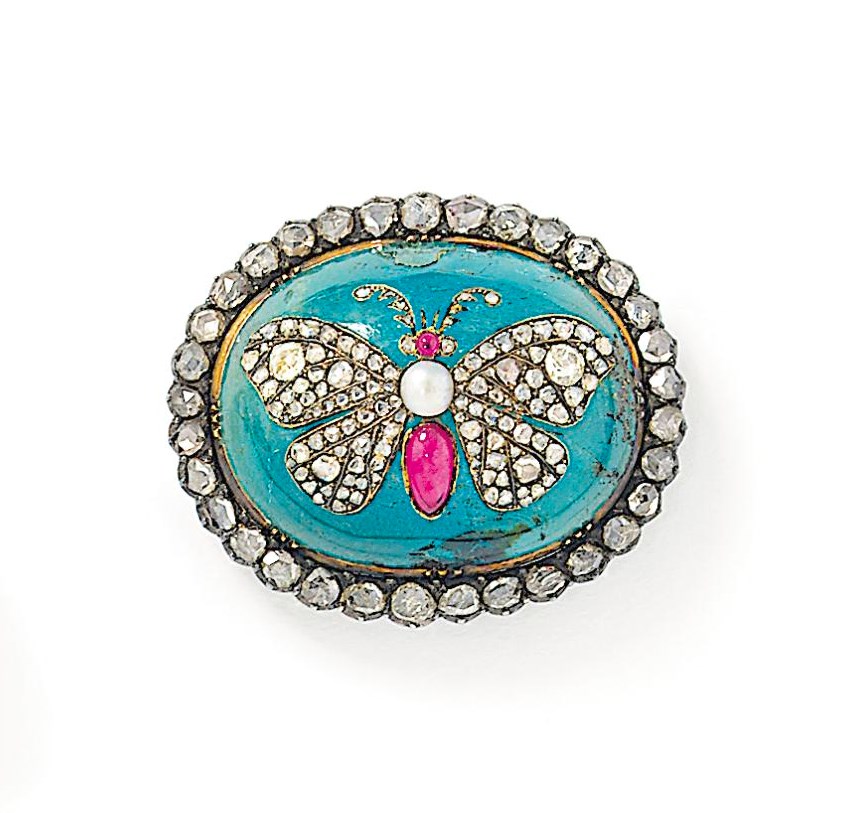 A late 19th century emerald, ruby and diamond brooch
