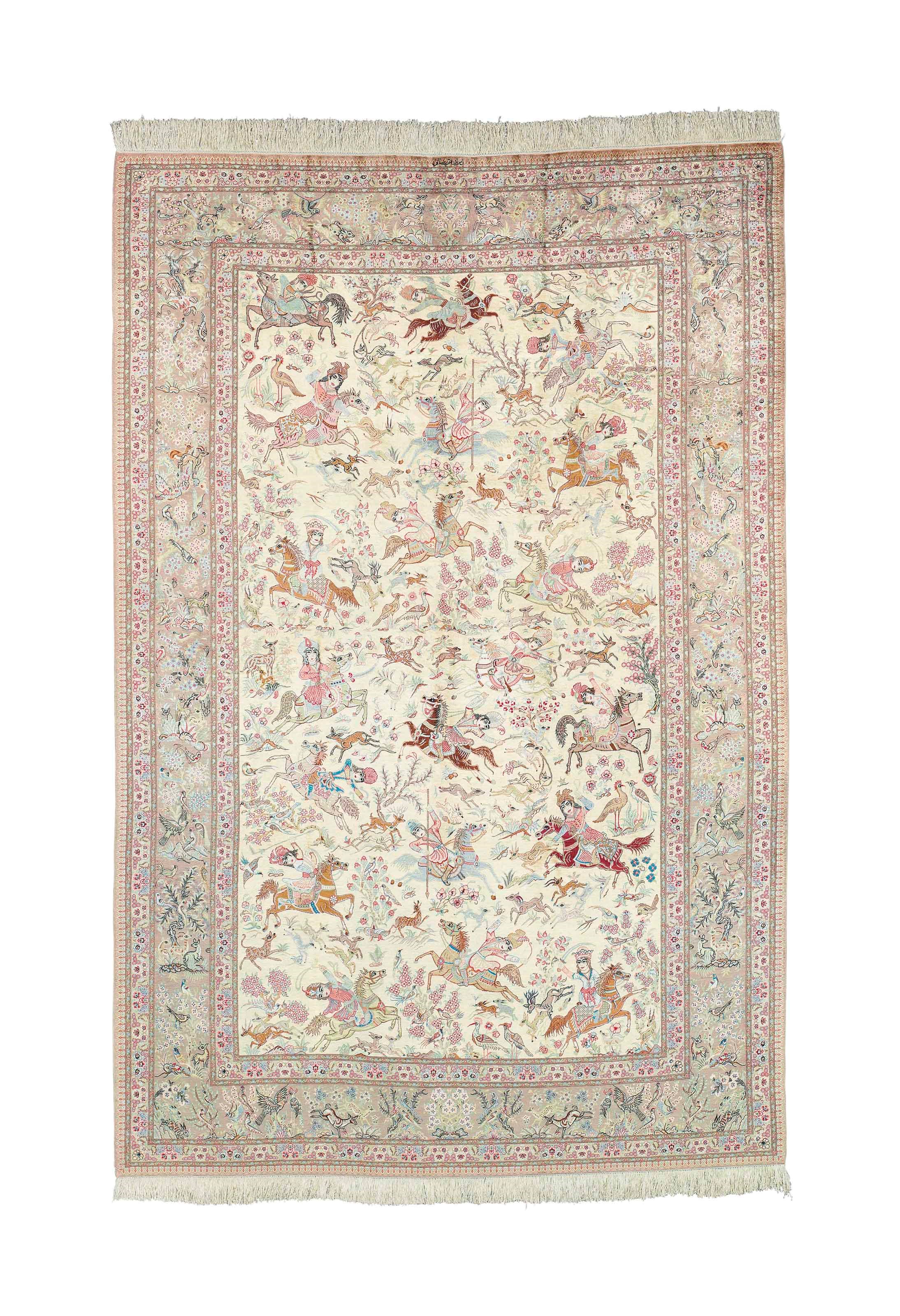 A very fine silk Qum carpet of 'Hunting' design