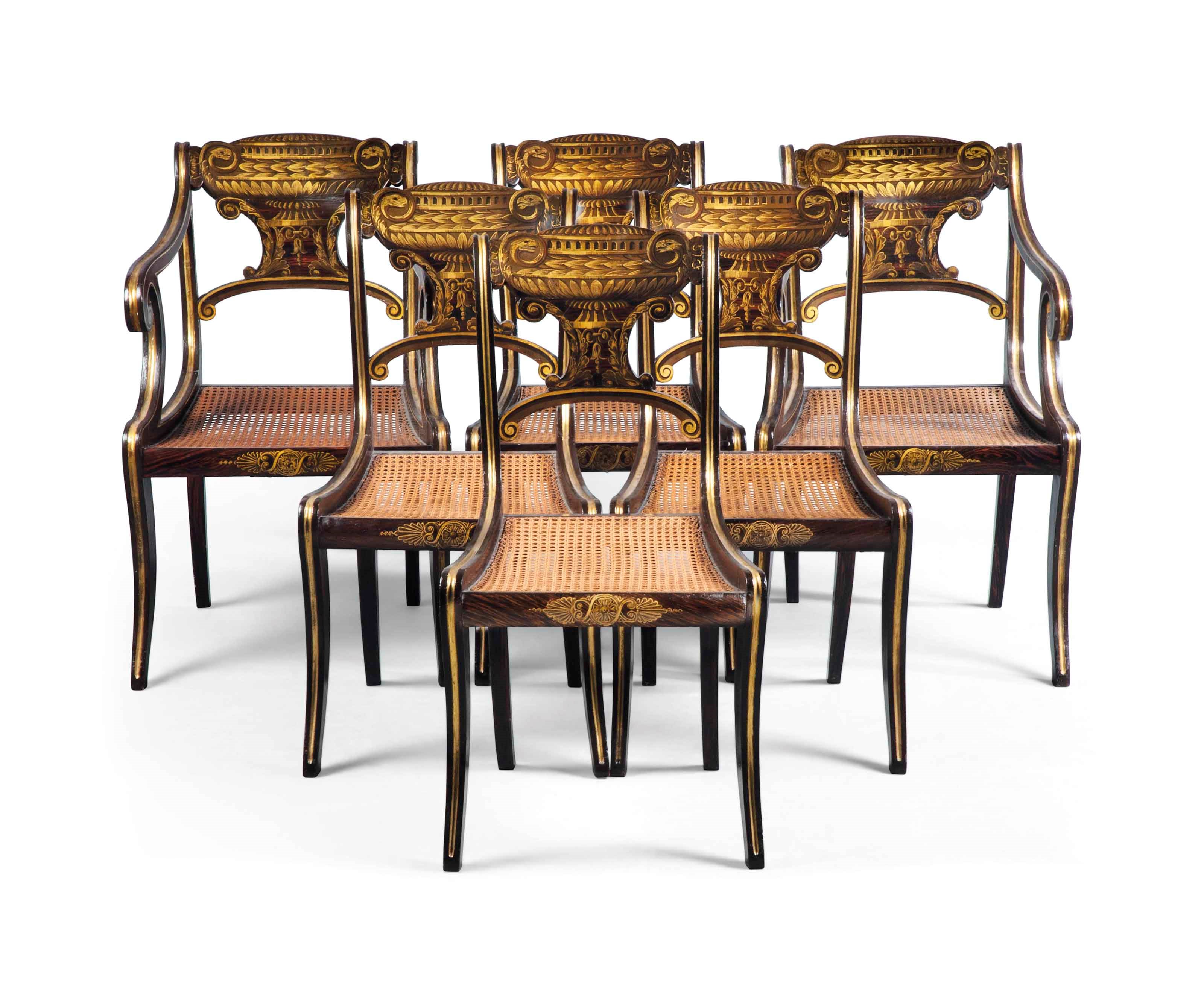 A SET OF SIX REGENCY SIMULATED ROSEWOOD AND PARCEL GILT CHAIRS
