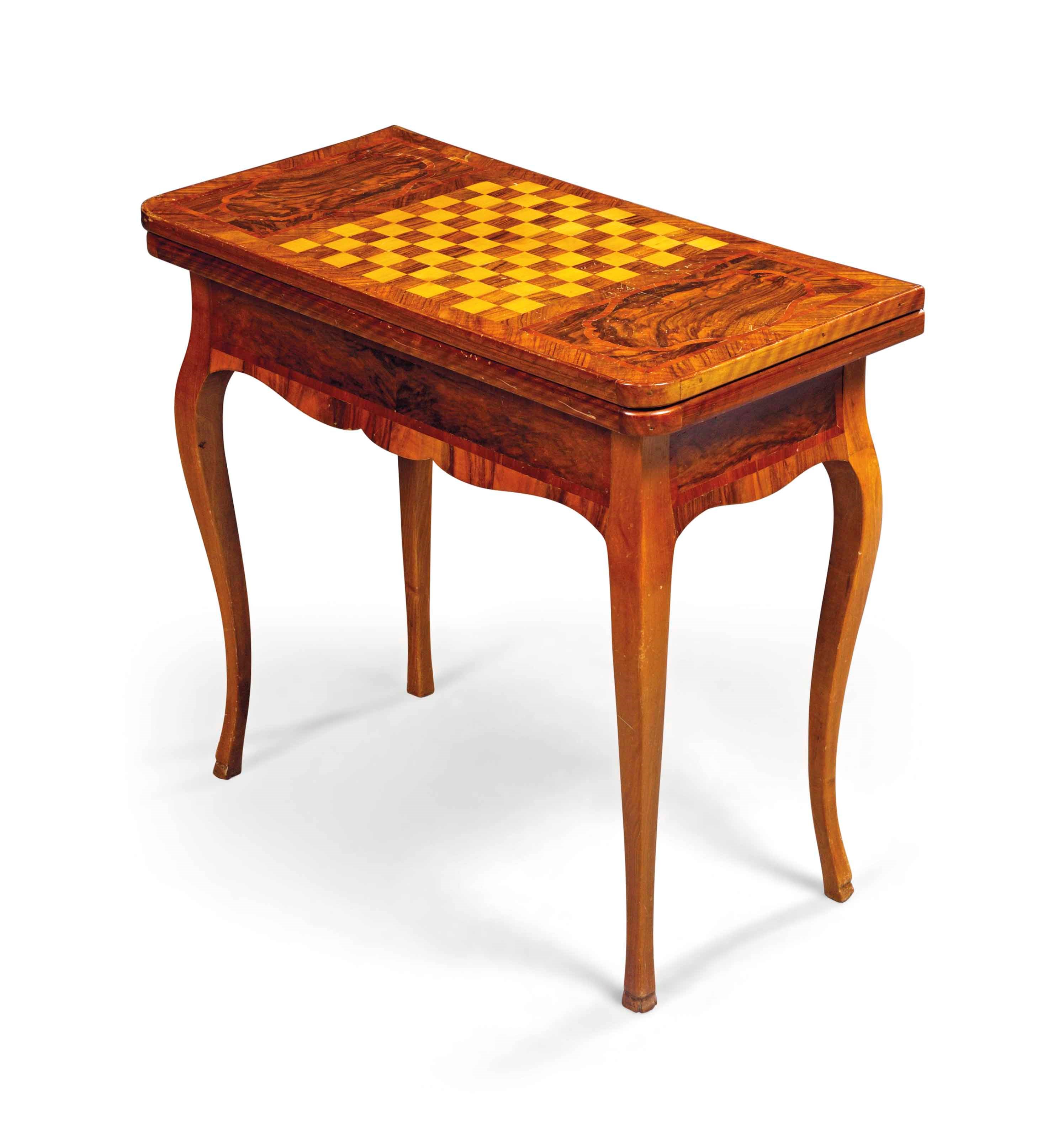 A SWISS WALNUT, FRUITWOOD AND PARQUETRY GAMES TABLE