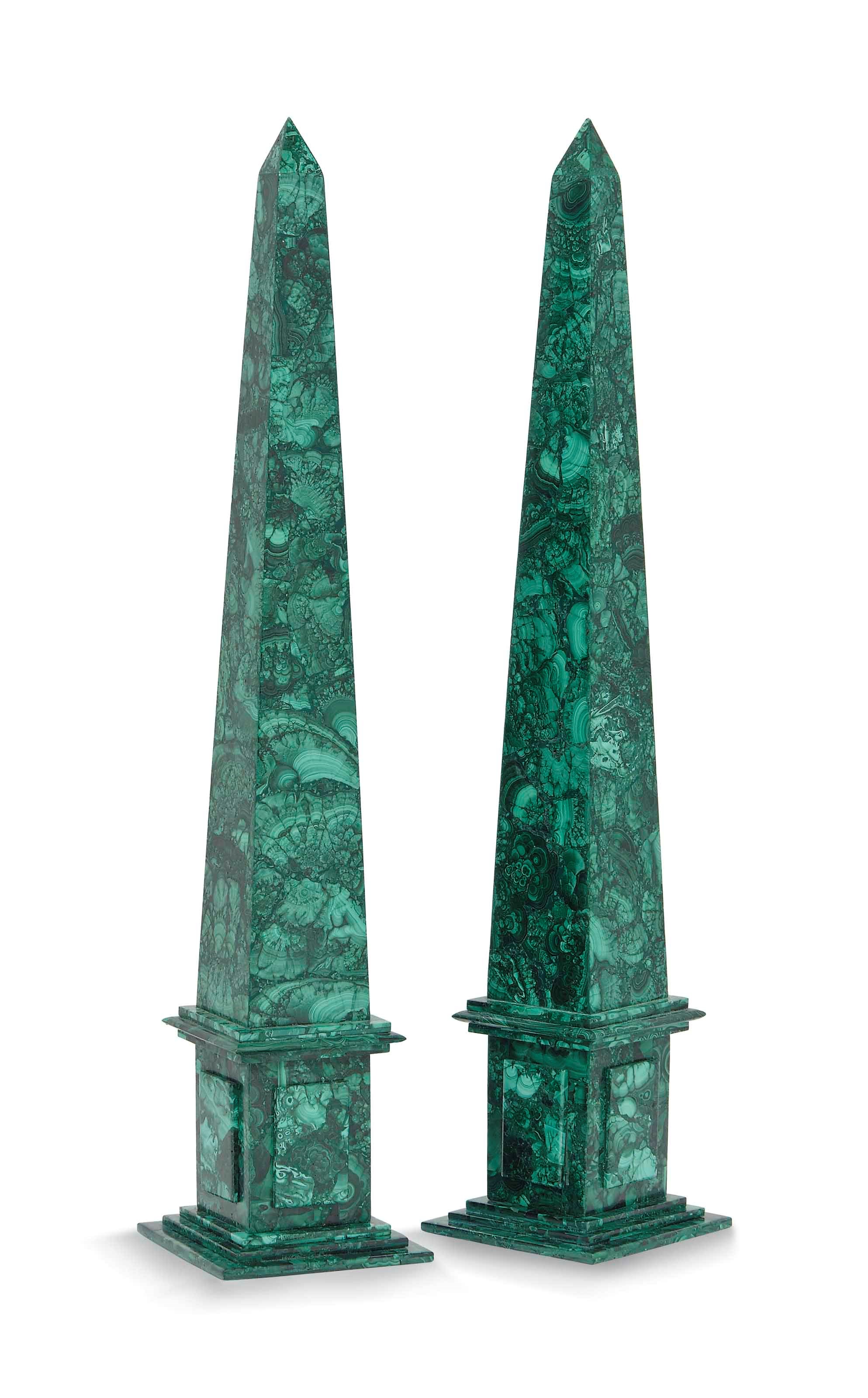 A PAIR OF MALACHITE TABLE OBELISKS