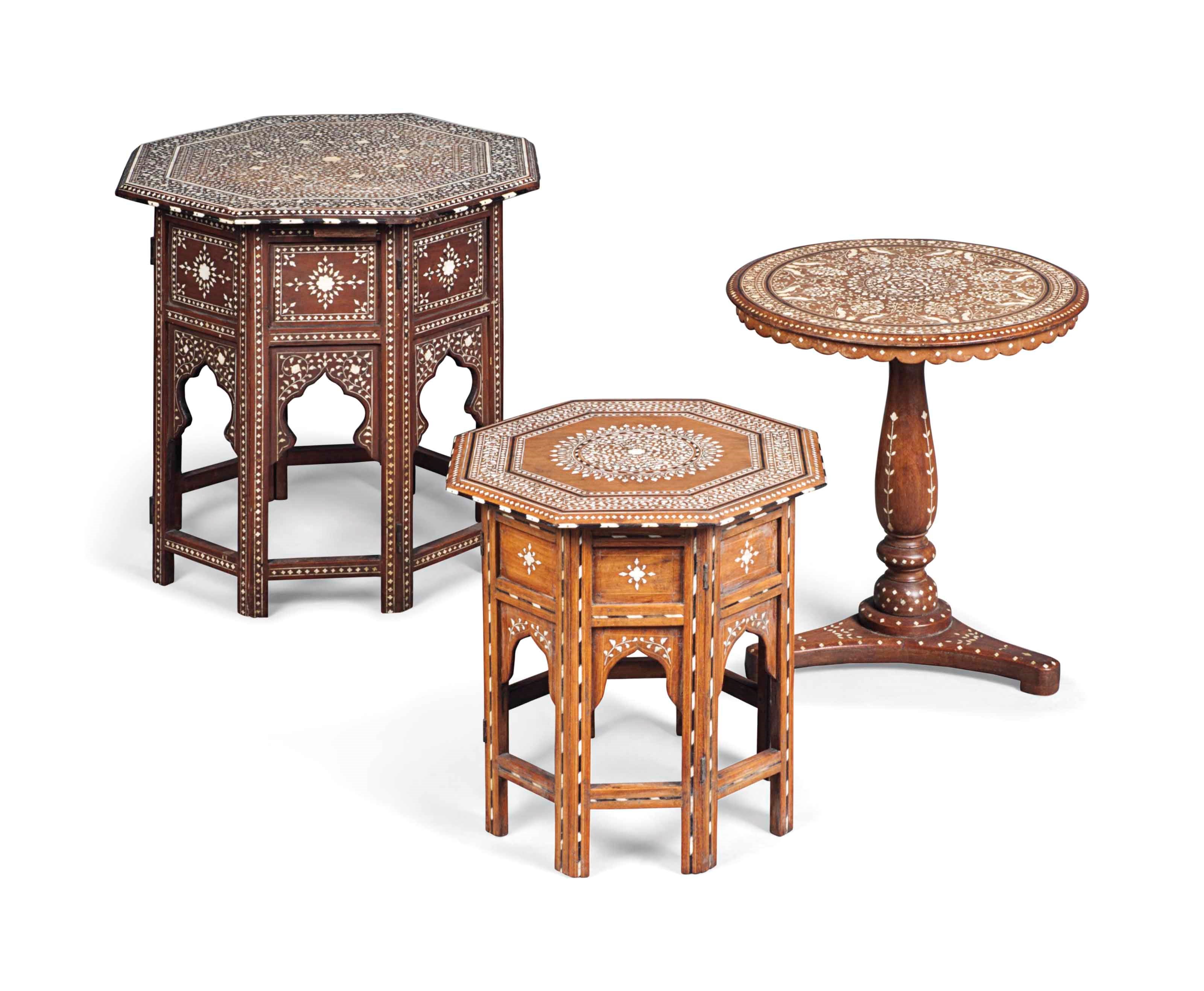 A GROUP OF THREE NORTH INDIAN EBONY AND BONE-INLAID HARDWOOD OCCASIONAL TABLES