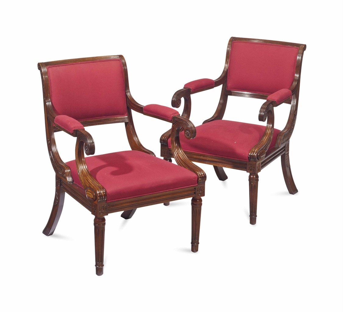 A SET OF TWELVE REGENCY STYLE MAHOGANY OPEN ARMCHAIRS,