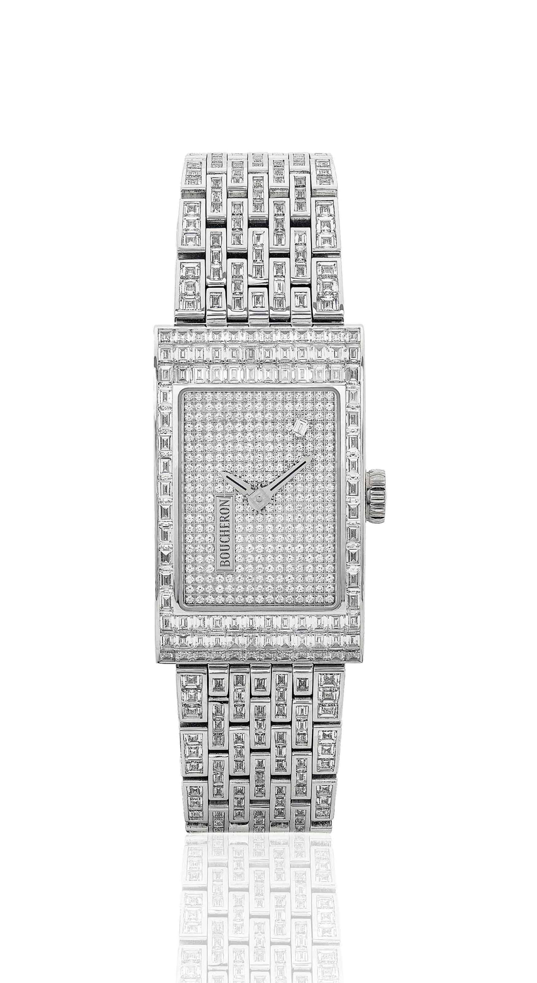 BOUCHERON. A VERY FINE 18K WHITE GOLD AND DIAMOND-SET RECTANGULAR WRISTWATCH WITH BRACELET, CERTIFICATE AND BOX