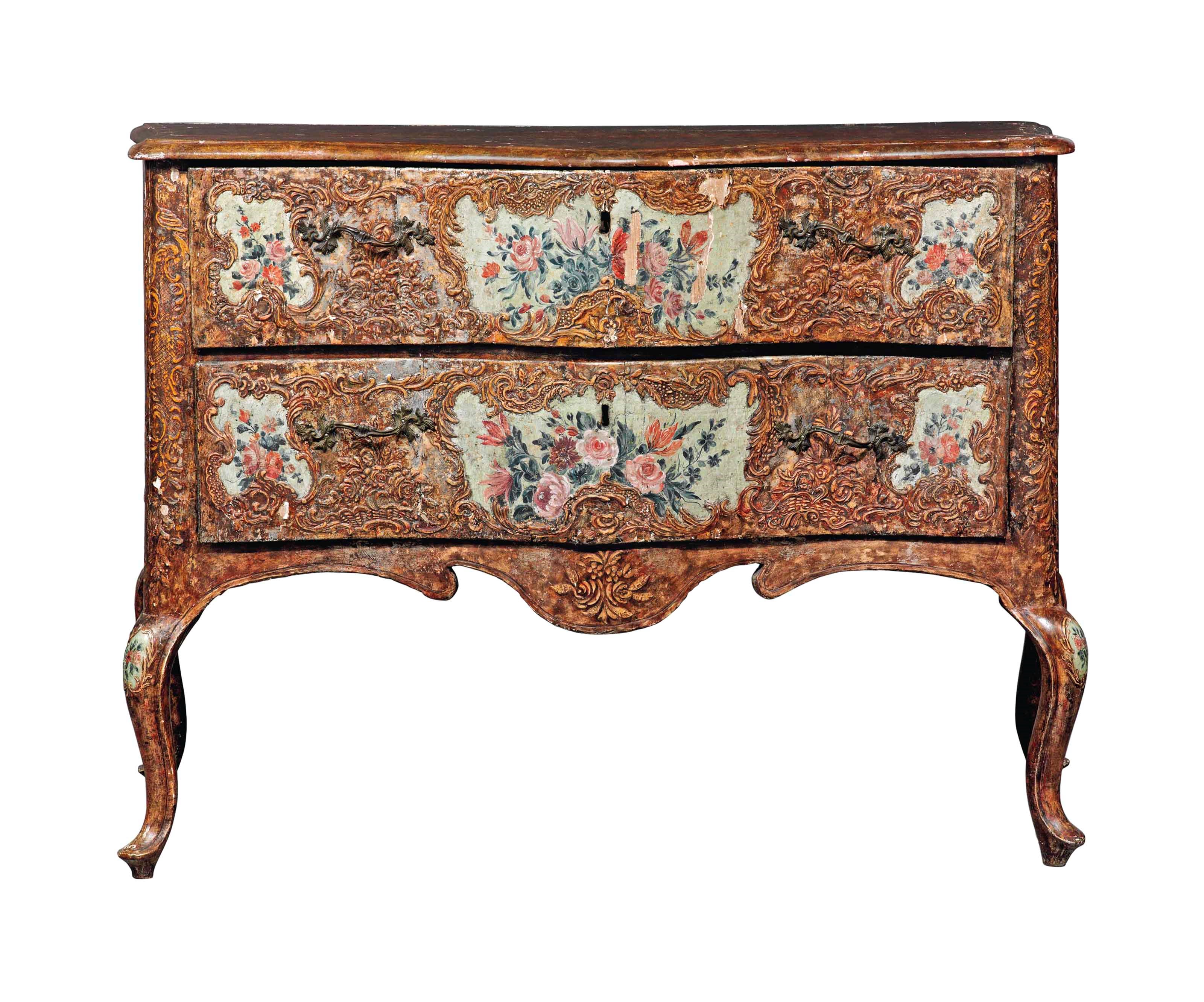 A SOUTH ITALIAN POLYCHROME-PAINTED AND SILVERED COMMODE