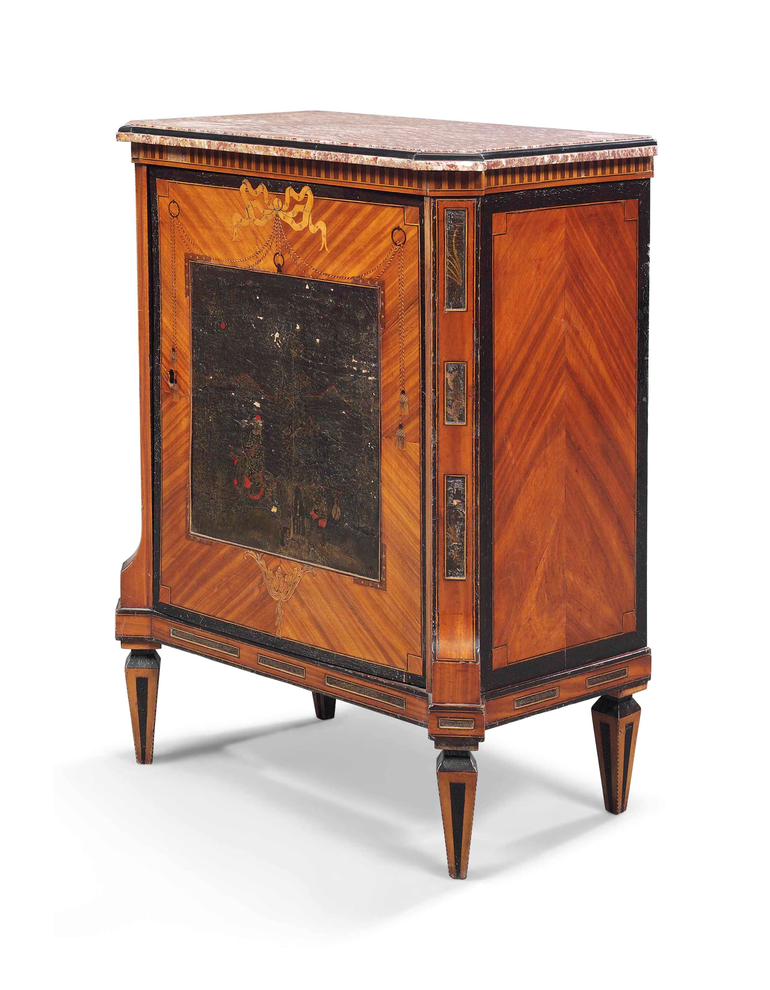 A DUTCH TULIPWOOD, JAPANESE BLACK AND GILT LACQUER AND MARQUETRY SIDE CABINET