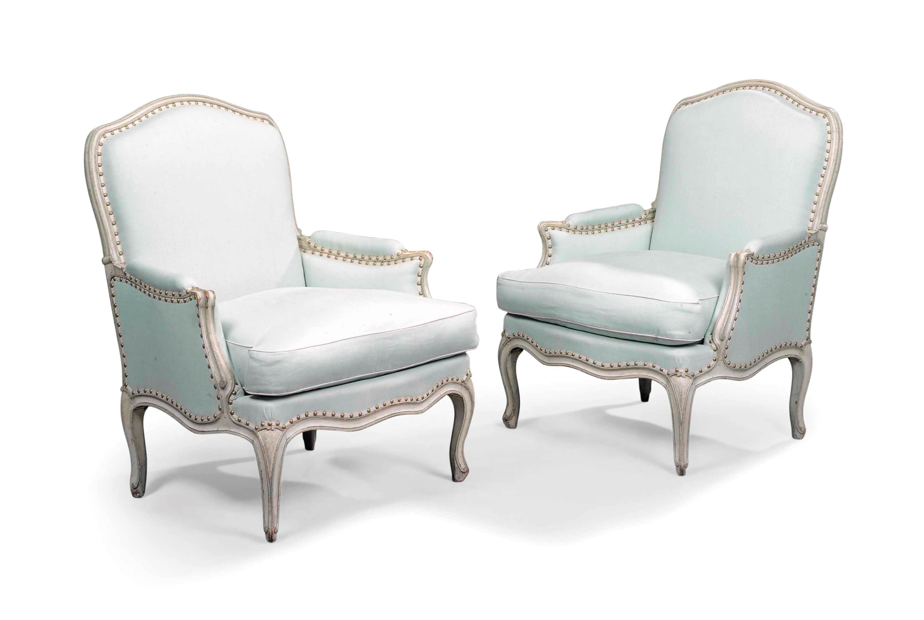 A PAIR OF FRENCH WHITE AND GREEN-PAINTED FAUTEUILS