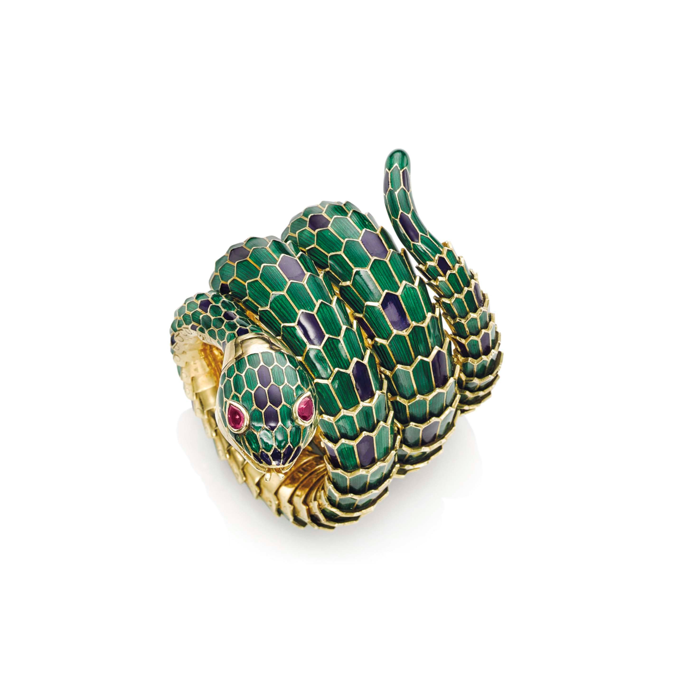 AN ENAMEL AND RUBY SNAKE BRACELET-WATCH, BY GUCCI