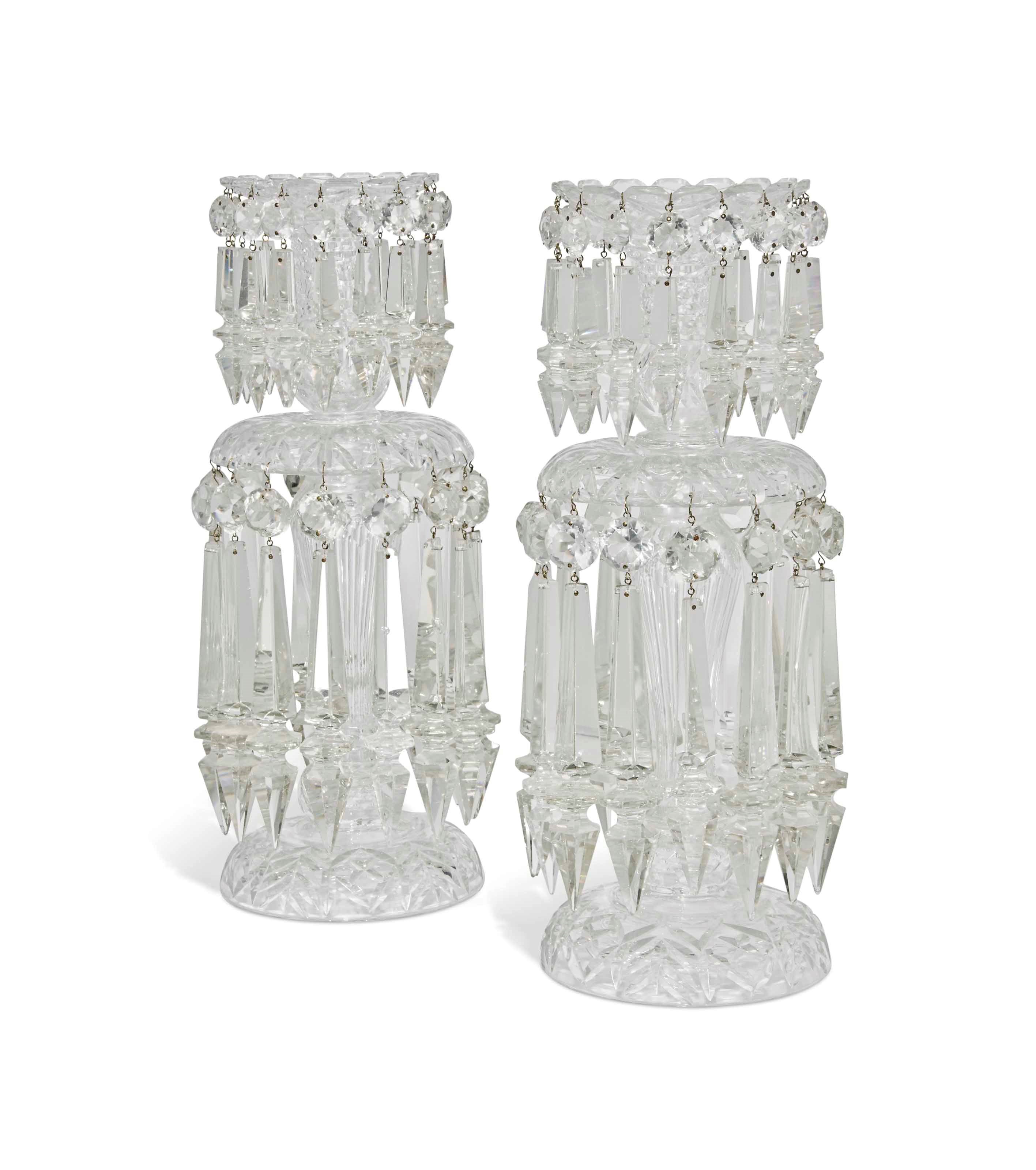 A LARGE PAIR OF CUT-GLASS LUSTRE CANDLESTICKS