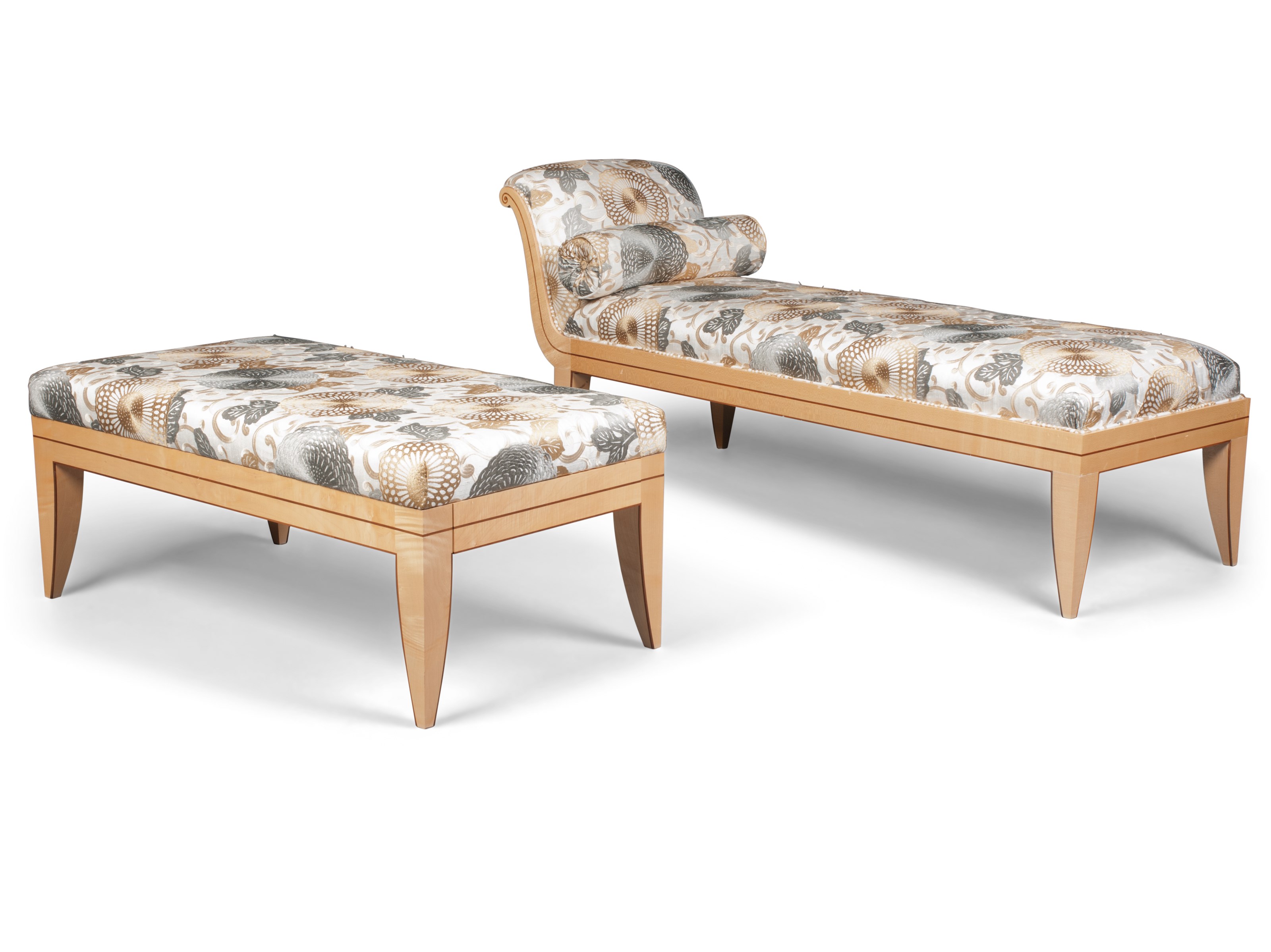 A SILK-UPHOLSTERED CHAISE LONGUE AND STOOL EN SUITE
