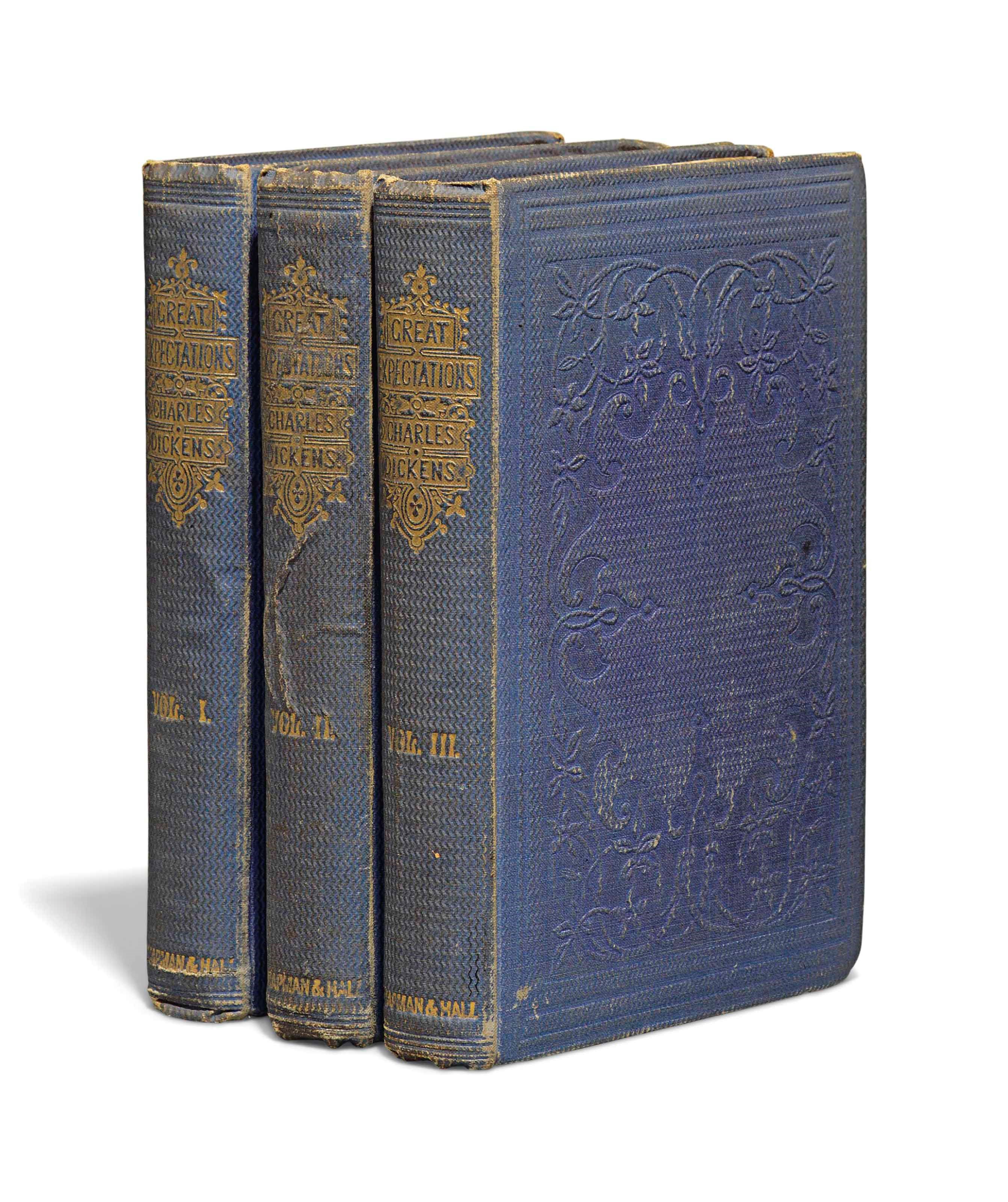 [DICKENS, Charles (1812-70)]. Great Expectations. London: Chapman and Hall, 1861. 3 volumes, 8° (197 x 122mm). 32pp. publisher's advertisements at end of vol. III, dated August 1861. (Stitching of Q2-7 in vol. II weak, occasional light marginal thumb-soiling.) Original violet cloth, covers decorated in blind, spines gilt, partly uncut (spine of vol. II lifting and creased, spines generally a little browned and bumped, some sunfading, light stains on rear covers).